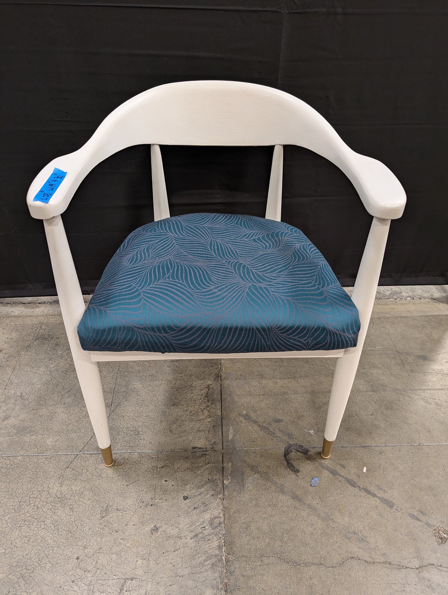 Mid-Century Inspired White Frame Armchair with Teal Patterned Upholstery