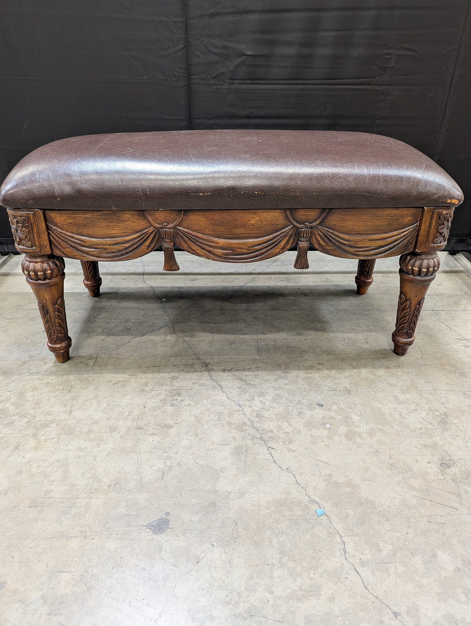 Ornate Carved Wood and Brown Upholstered Bench