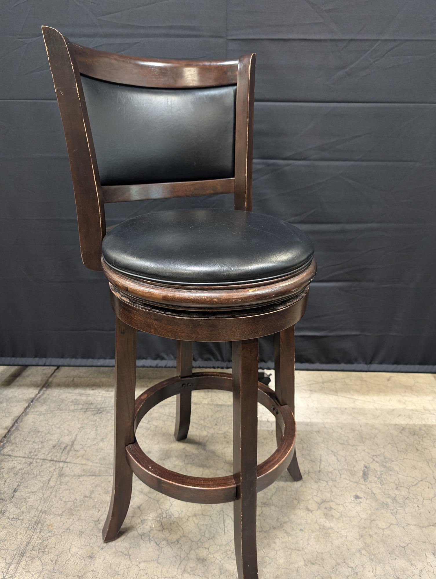 TIMBERCO Dark Wood Swivel Bar Stool with Black Upholstery