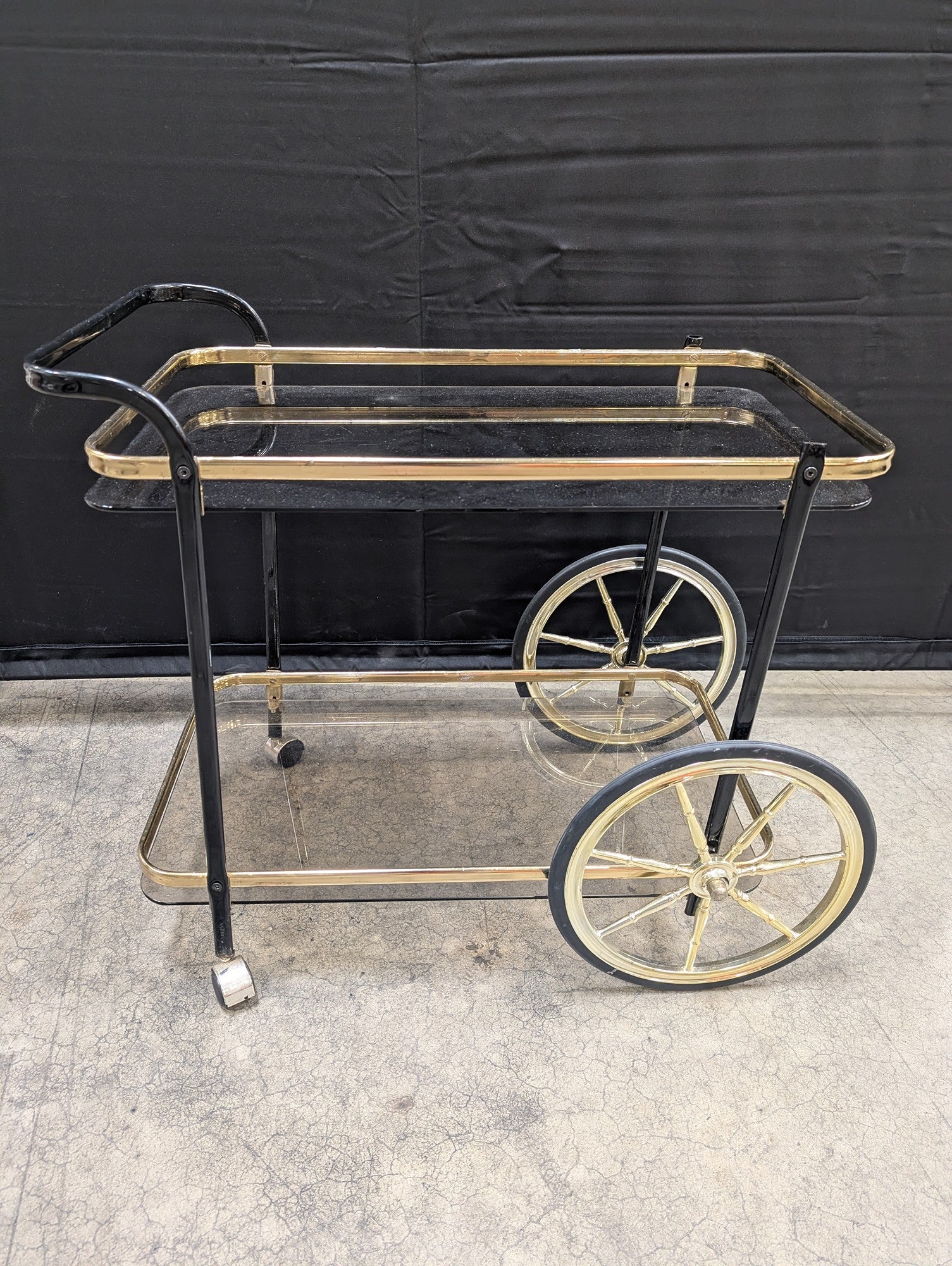 Mid-Century Modern Gold Tone and Black Two-Tier Serving Cart