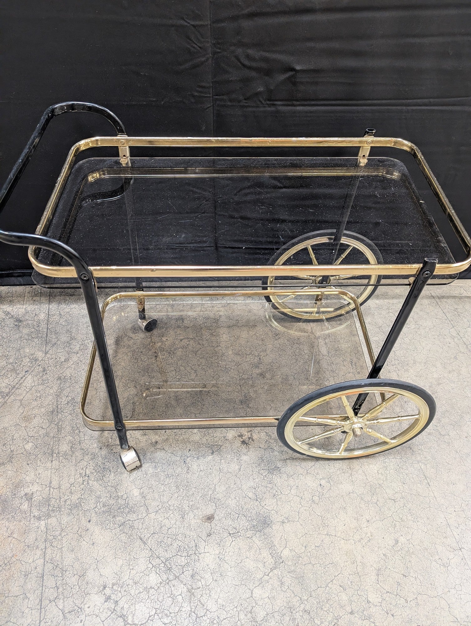 Mid-Century Modern Gold Tone and Black Two-Tier Serving Cart