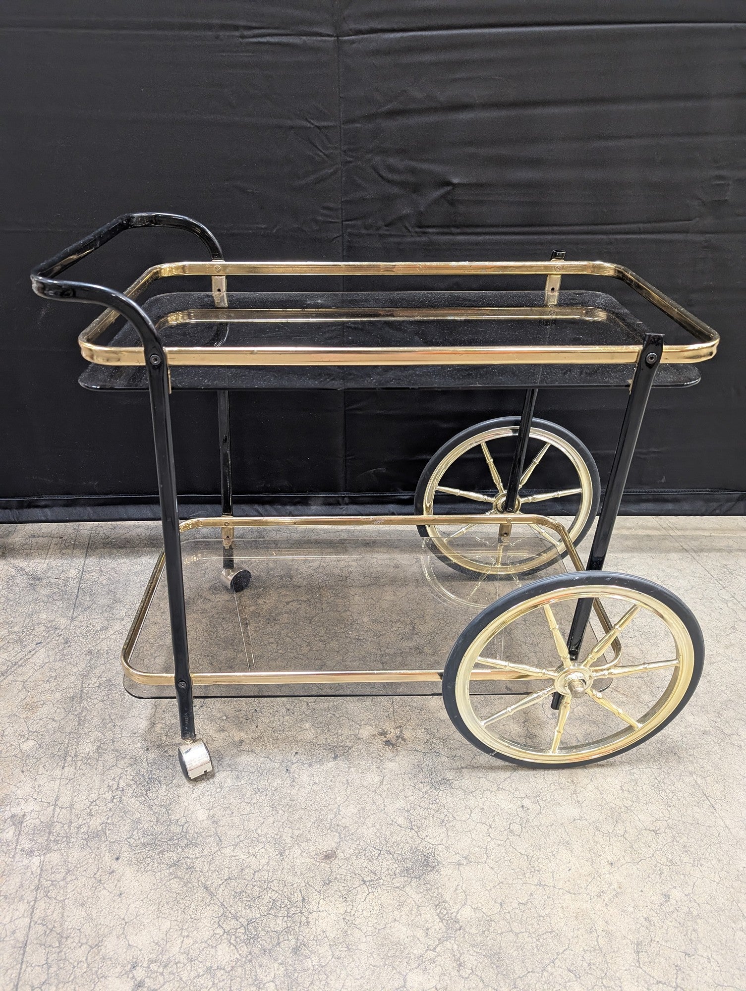 Mid-Century Modern Gold Tone and Black Two-Tier Serving Cart