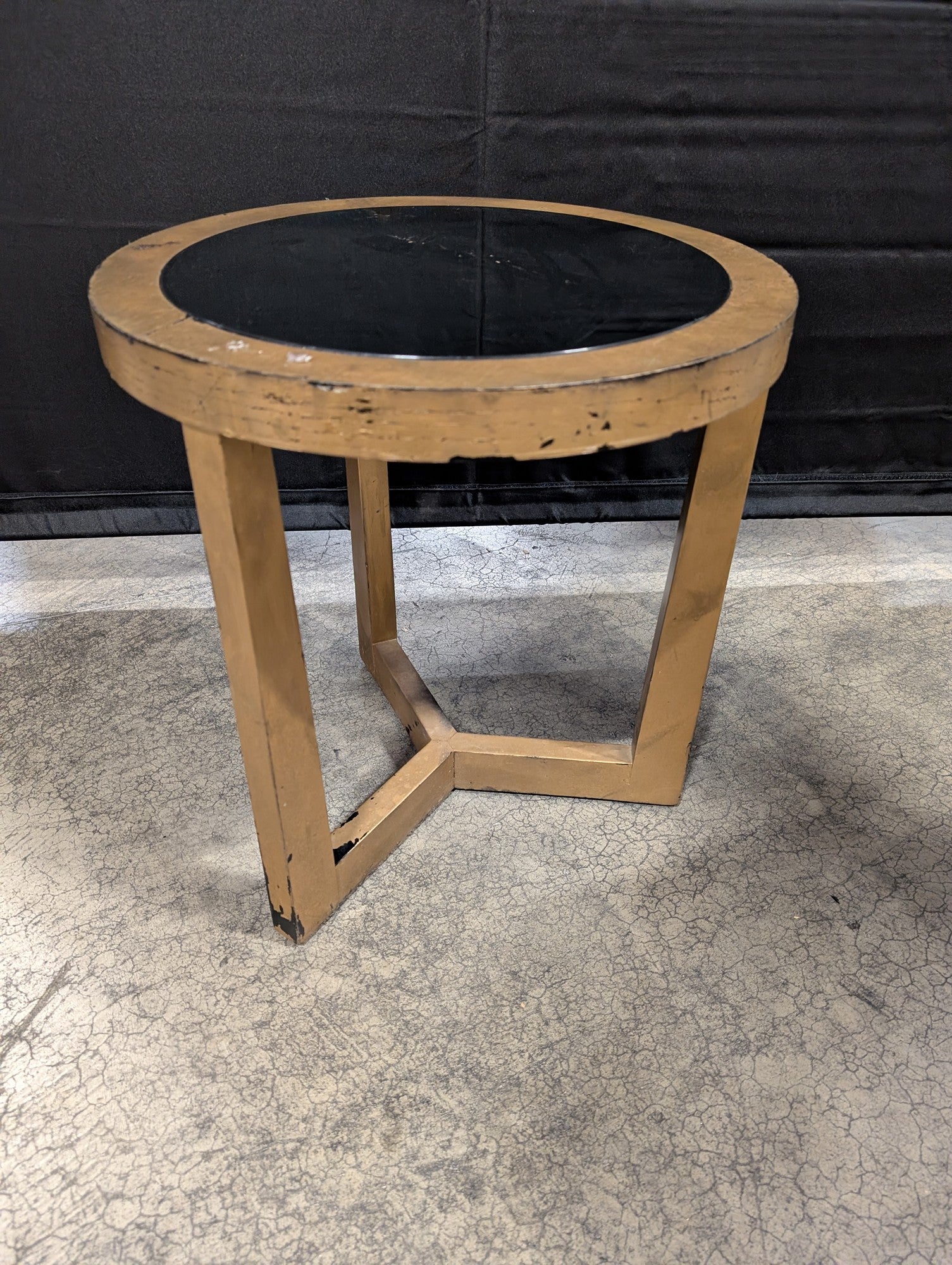 Round Wood Frame Side Table with Black Glass Top
