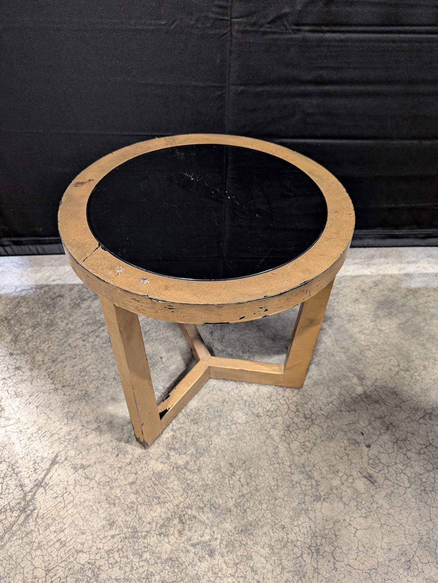 Round Wood Frame Side Table with Black Glass Top