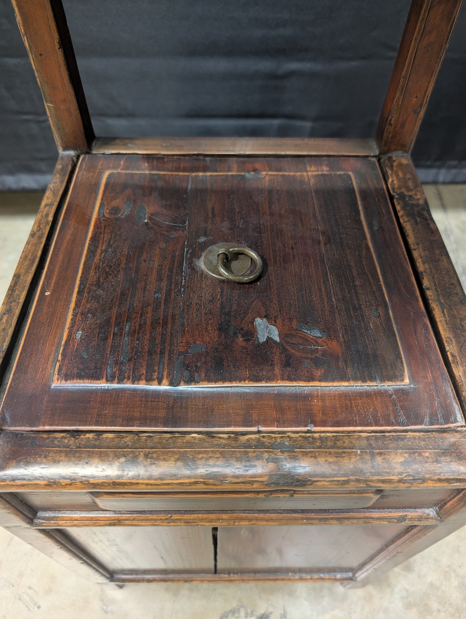 Rustic Asian Hardwood Display Stand with Drawer and Cabinet
