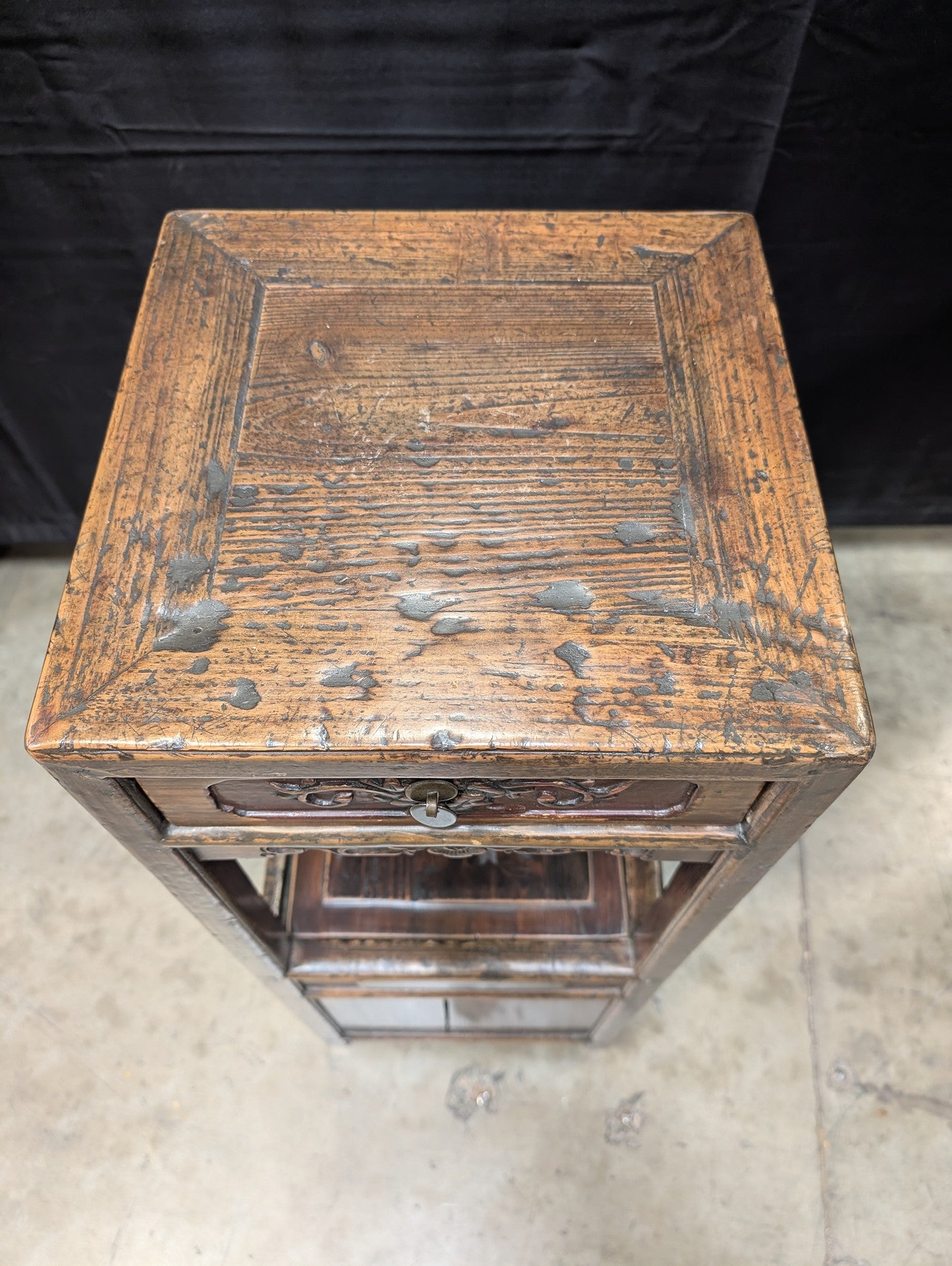 Rustic Asian Hardwood Display Stand with Drawer and Cabinet