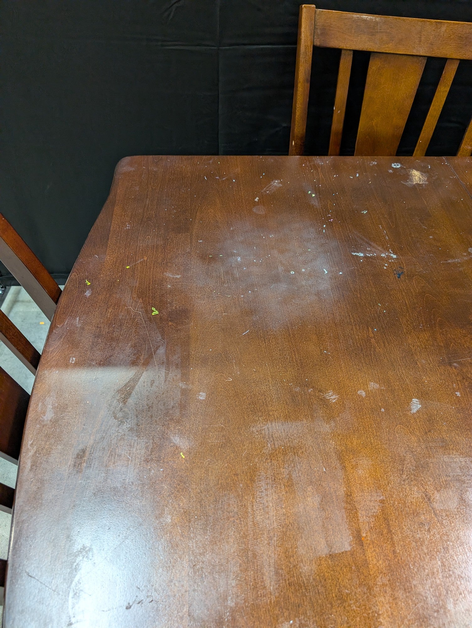 Used Dark Brown Wood Dining Table with Six Slat Back Chairs