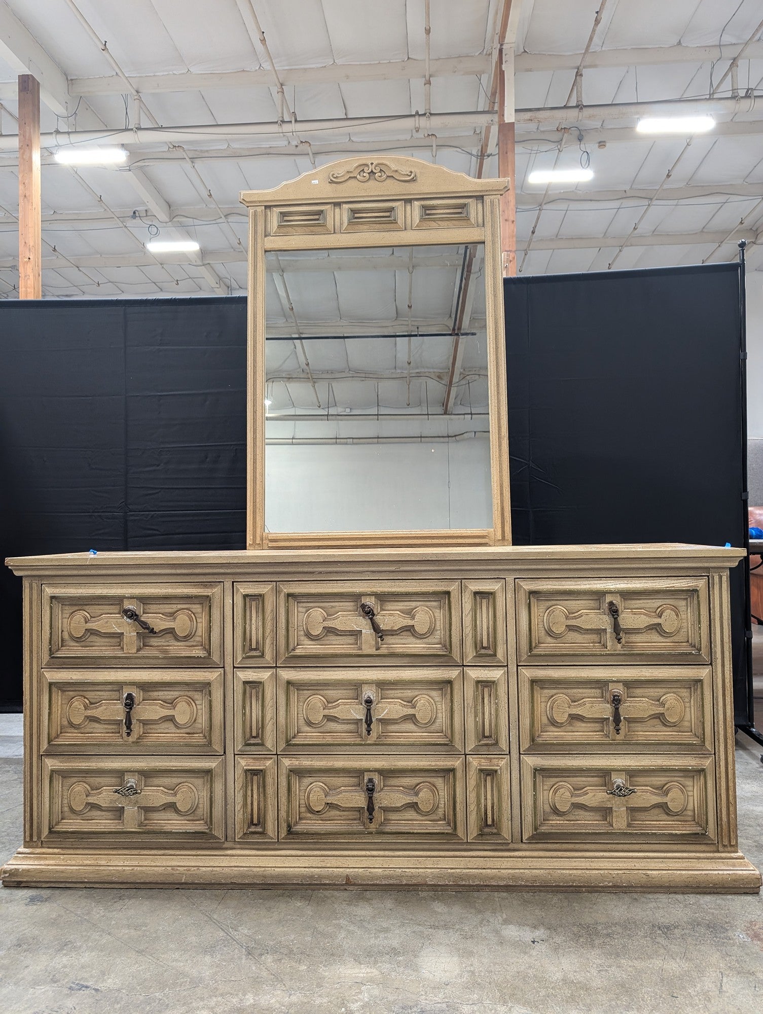 Vintage French Provincial Style 9-Drawer Dresser with Vanity Mirror