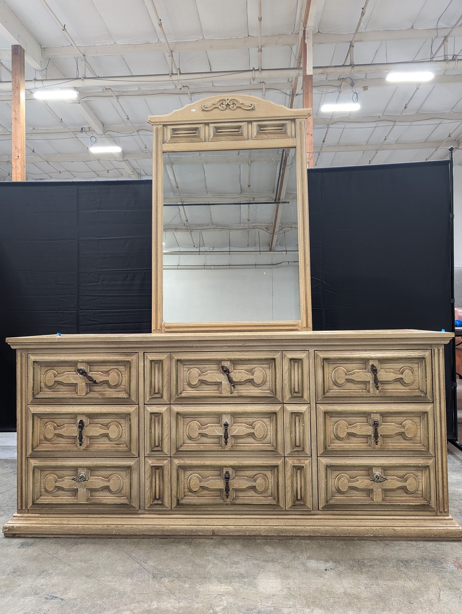 Vintage French Provincial Style 9-Drawer Dresser with Vanity Mirror