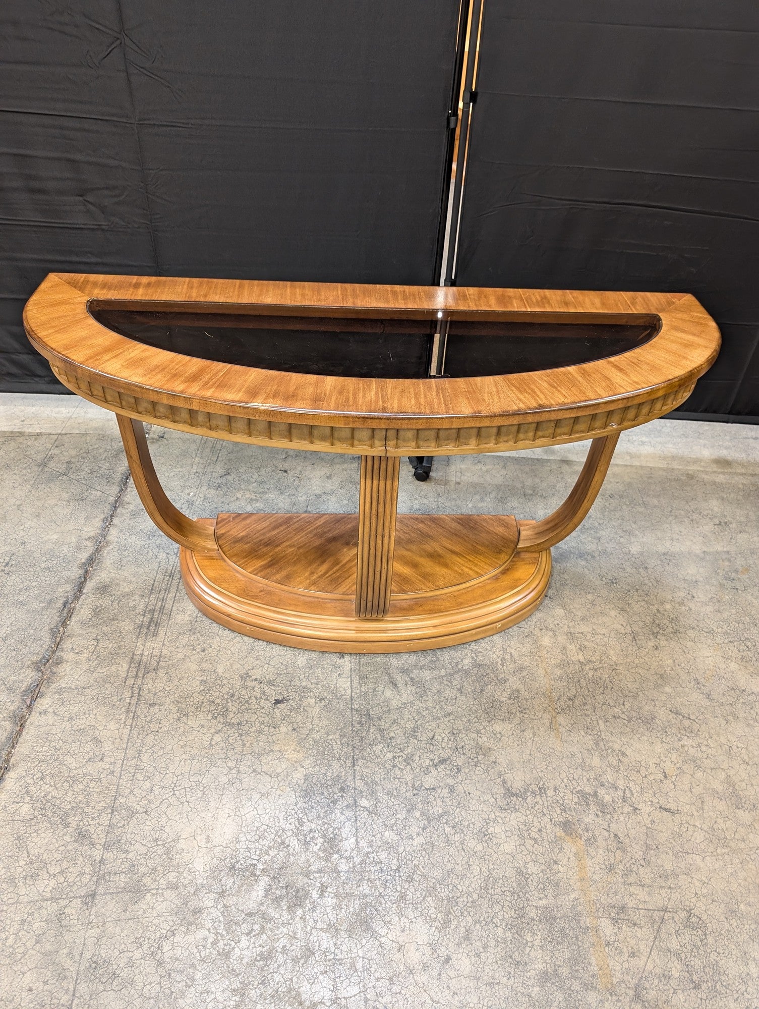 Art Deco Style Wood Demi-Lune Console Table with Glass Top
