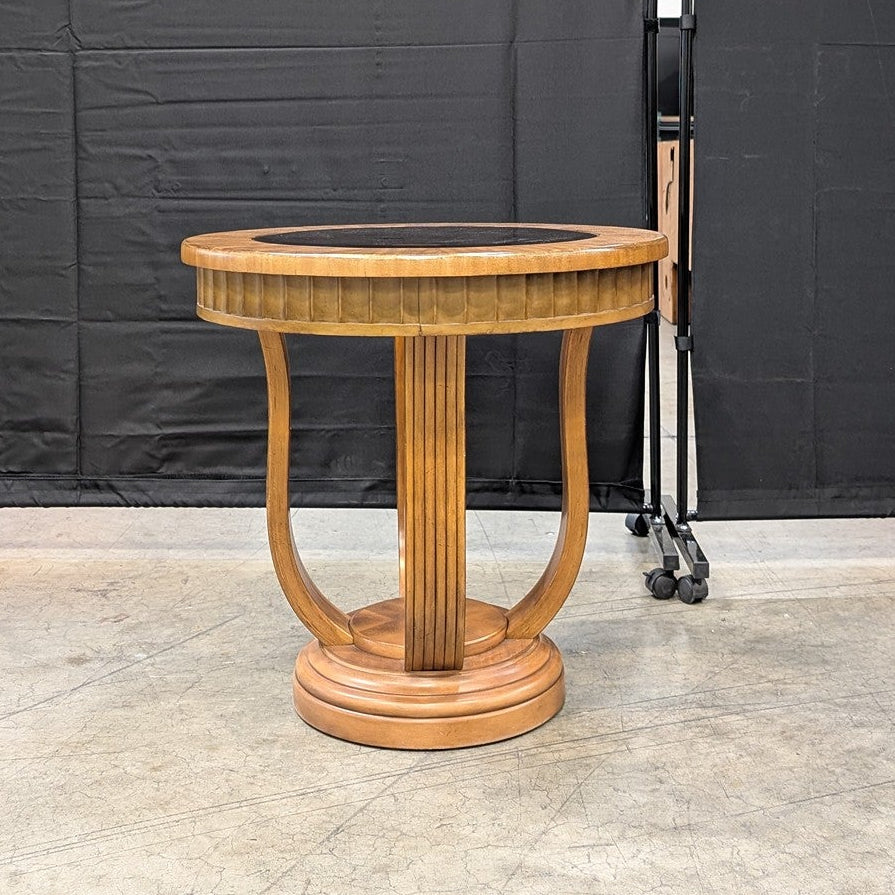 Art Deco Style Round Wood Pedestal Accent Table with Glass Top