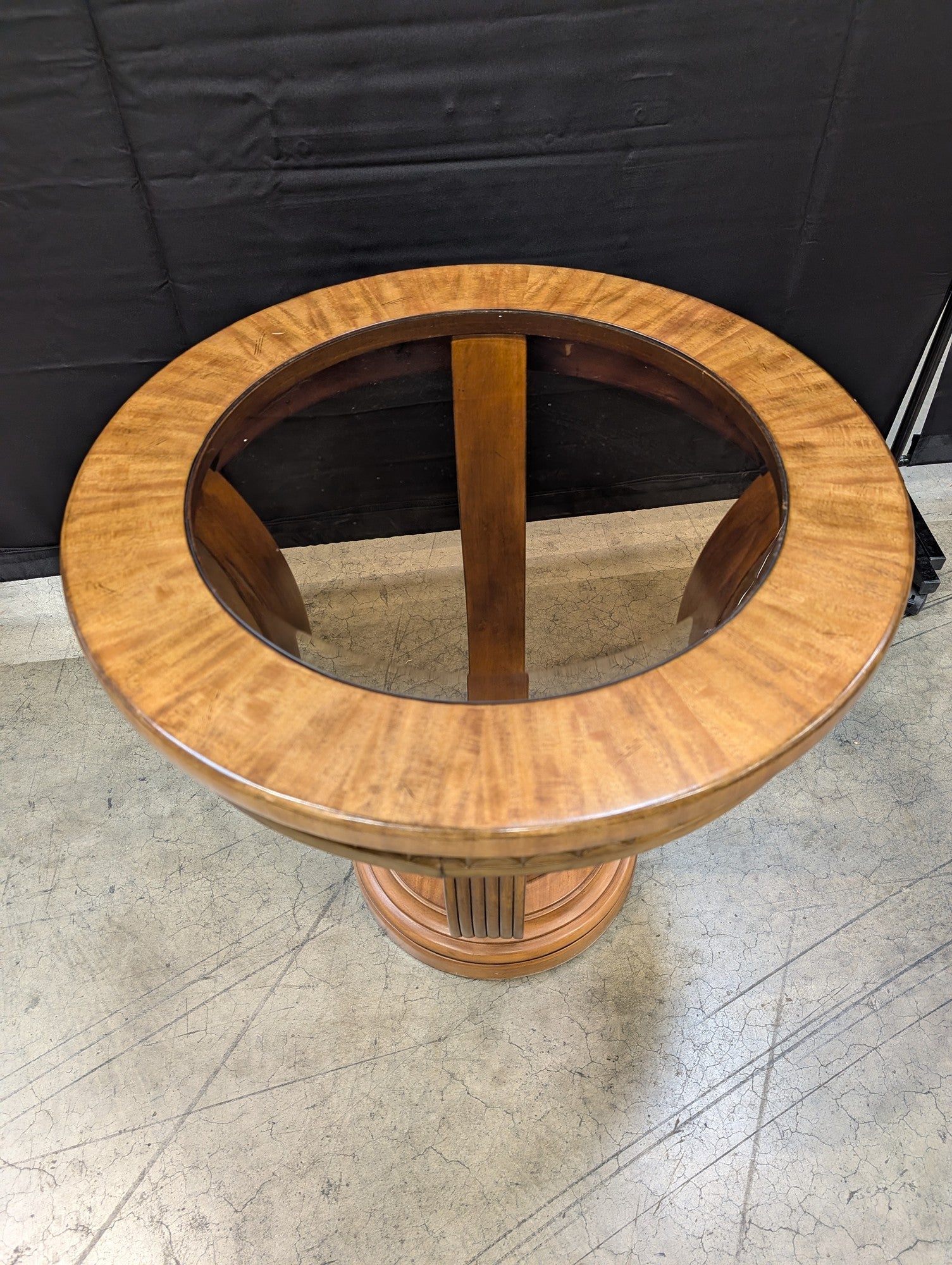Art Deco Style Round Wood Pedestal Accent Table with Glass Top