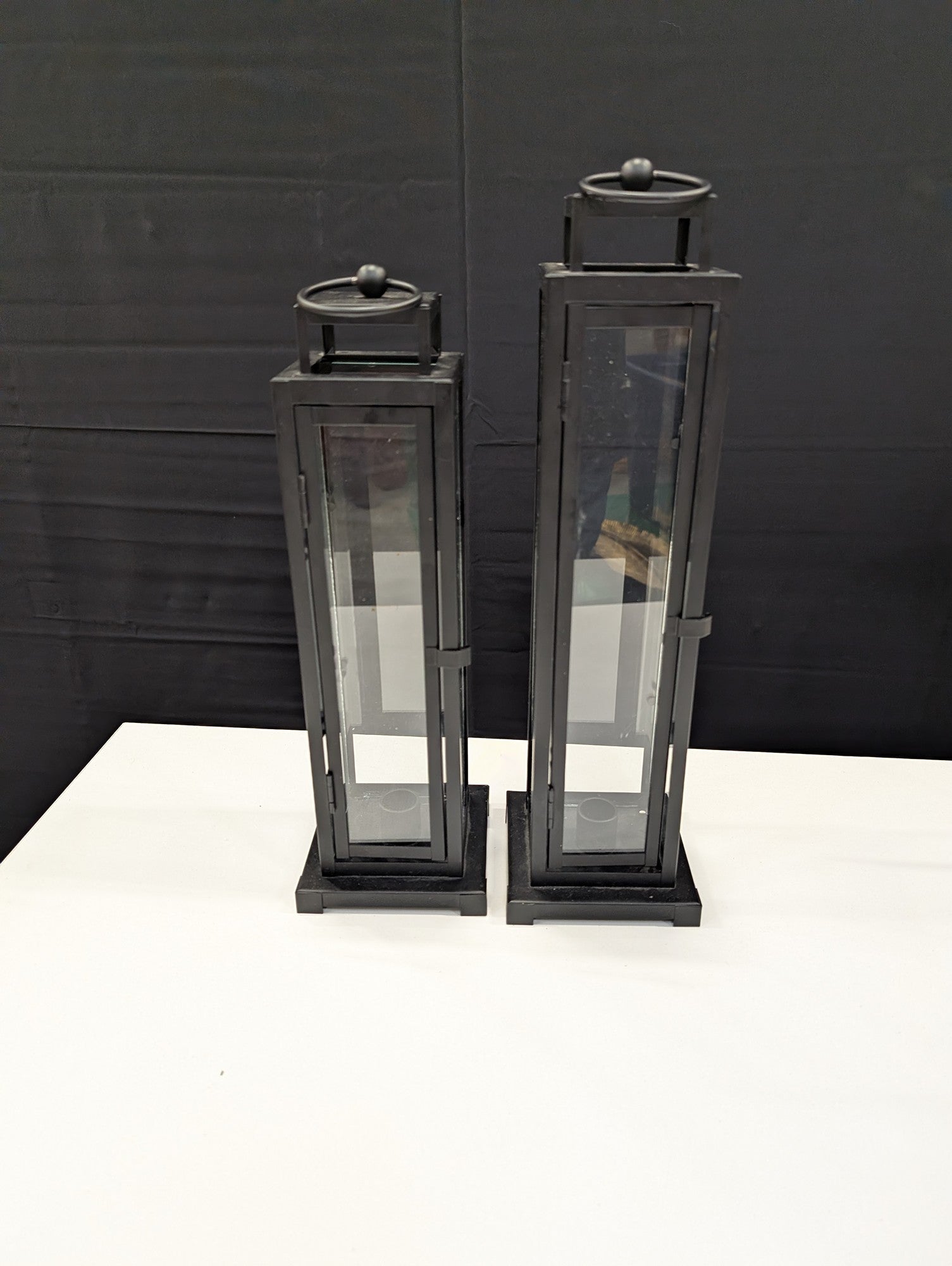 Set of Two Black Metal and Glass Pillar Candle Lanterns
