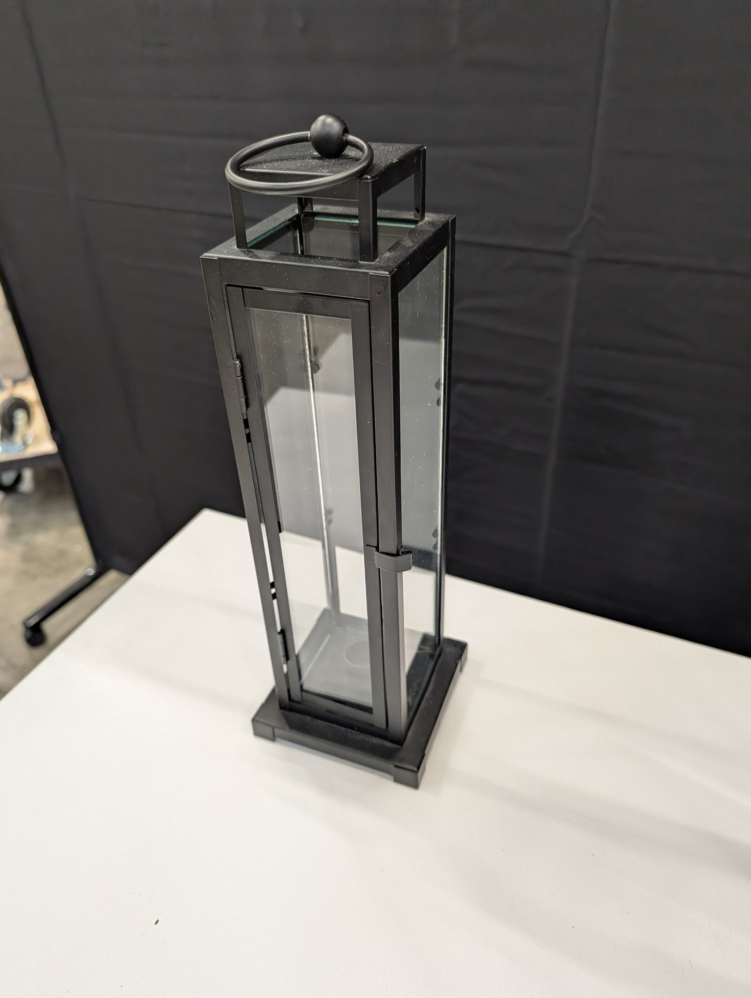 Set of Two Black Metal and Glass Pillar Candle Lanterns