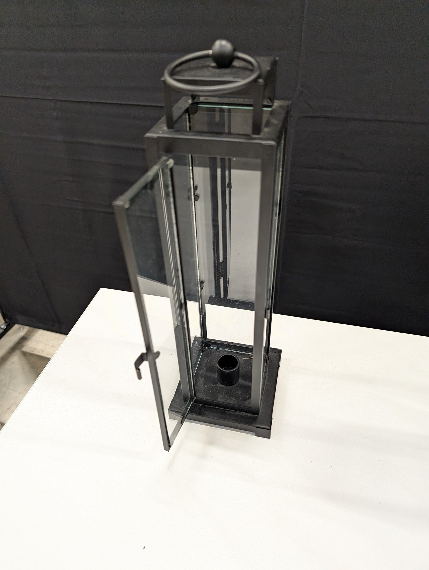 Set of Two Black Metal and Glass Pillar Candle Lanterns