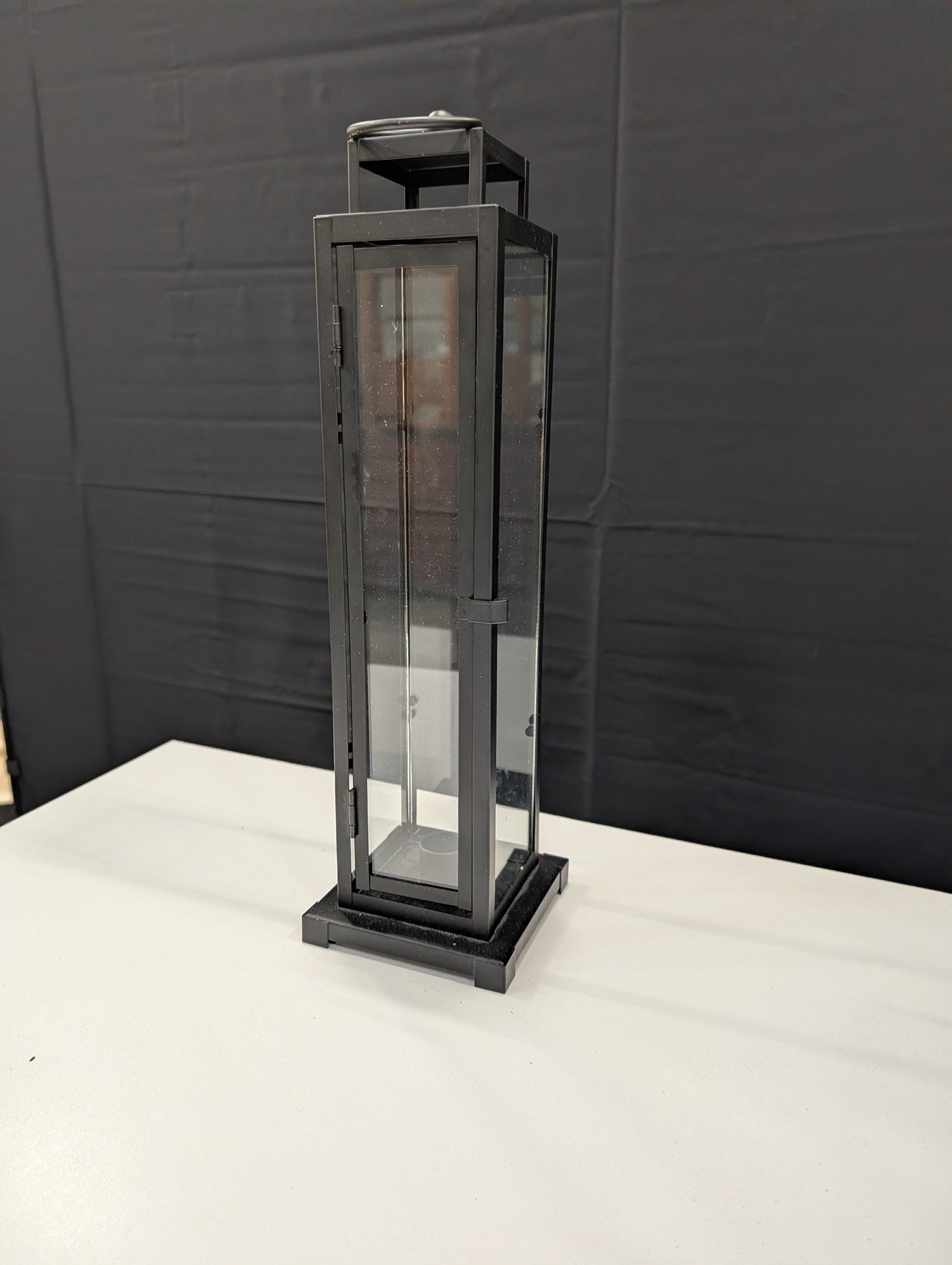 Set of Two Black Metal and Glass Pillar Candle Lanterns