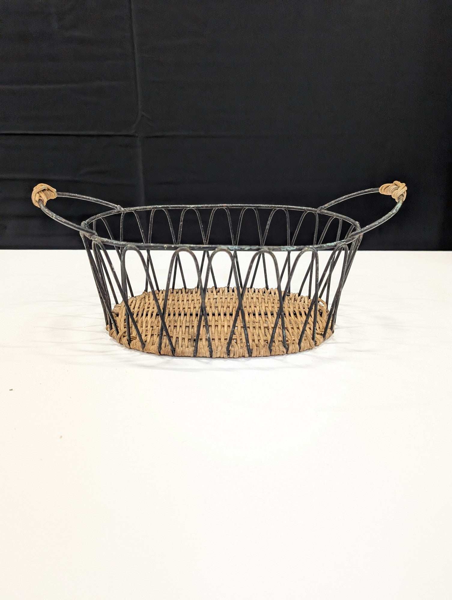 Rustic Oval Wire and Woven Rattan Basket with Handles