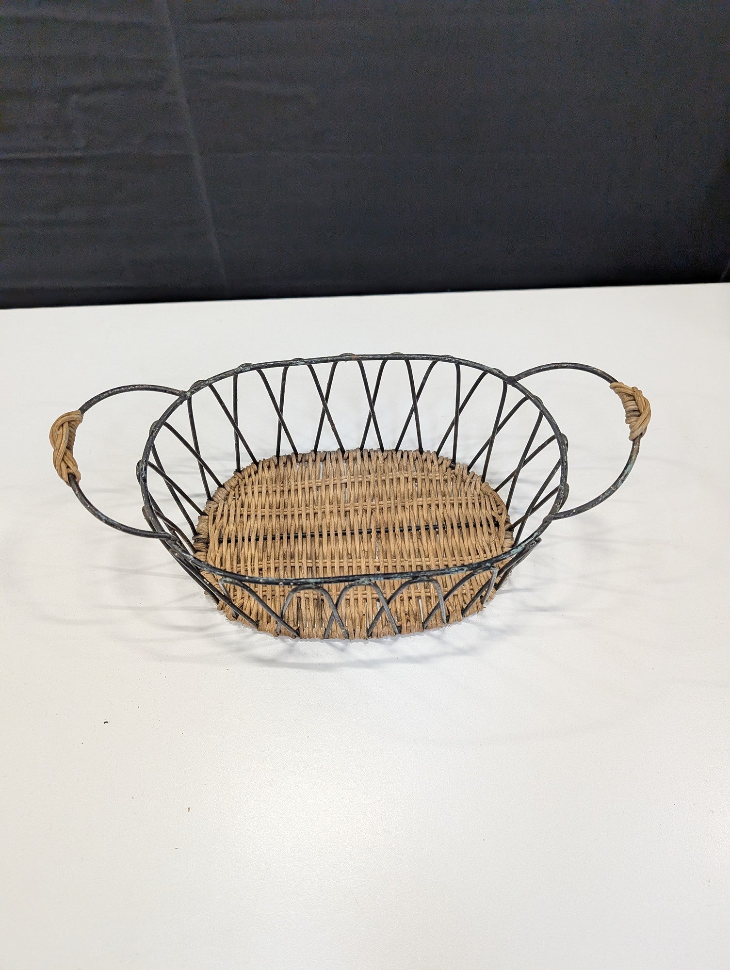 Rustic Oval Wire and Woven Rattan Basket with Handles