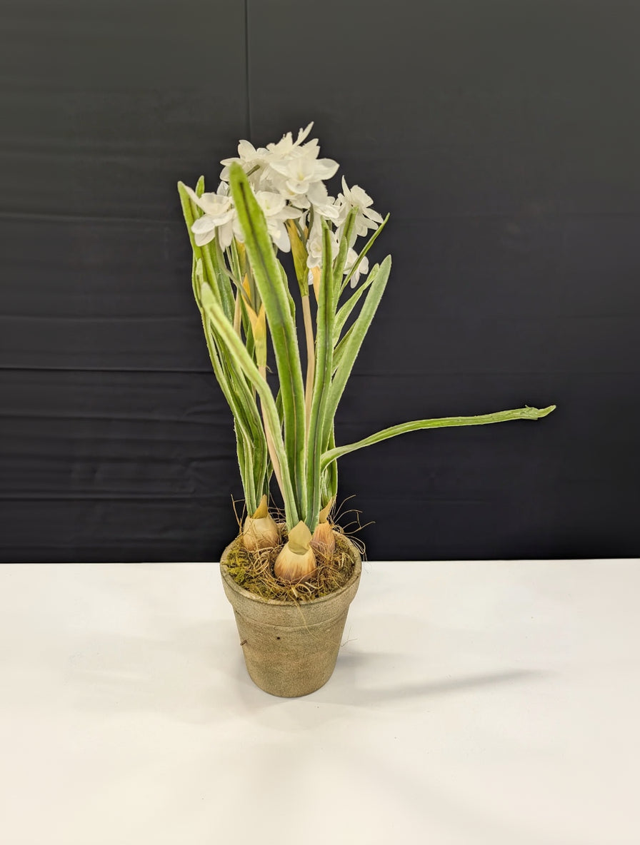 Realistic Potted White Daffodil Faux Floral Arrangement