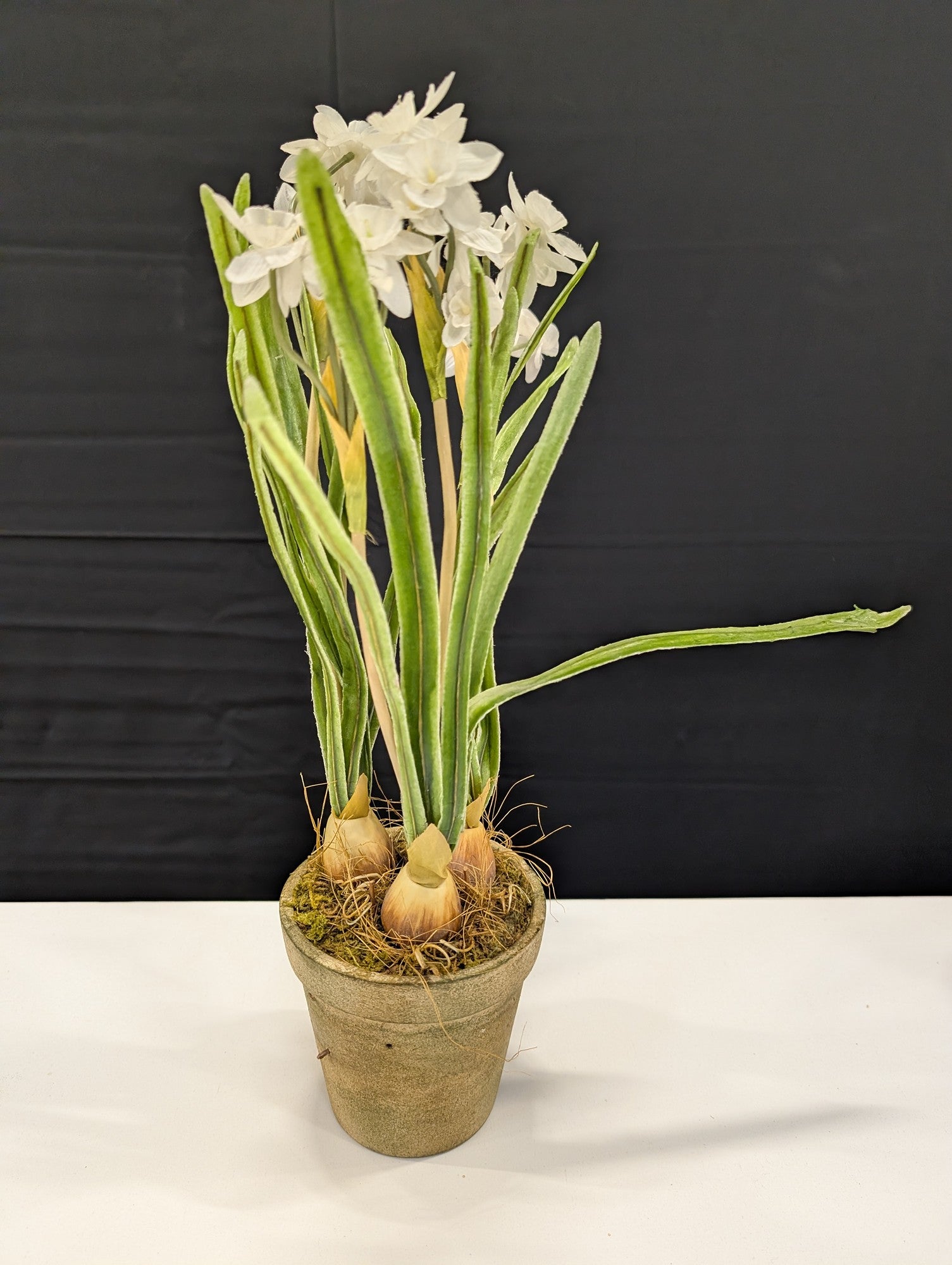 Realistic Potted White Daffodil Faux Floral Arrangement