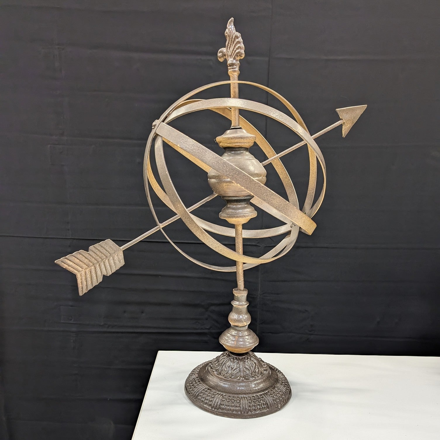 Rustic Metal Armillary Sphere Sculpture with Fleur-de-Lis Finial