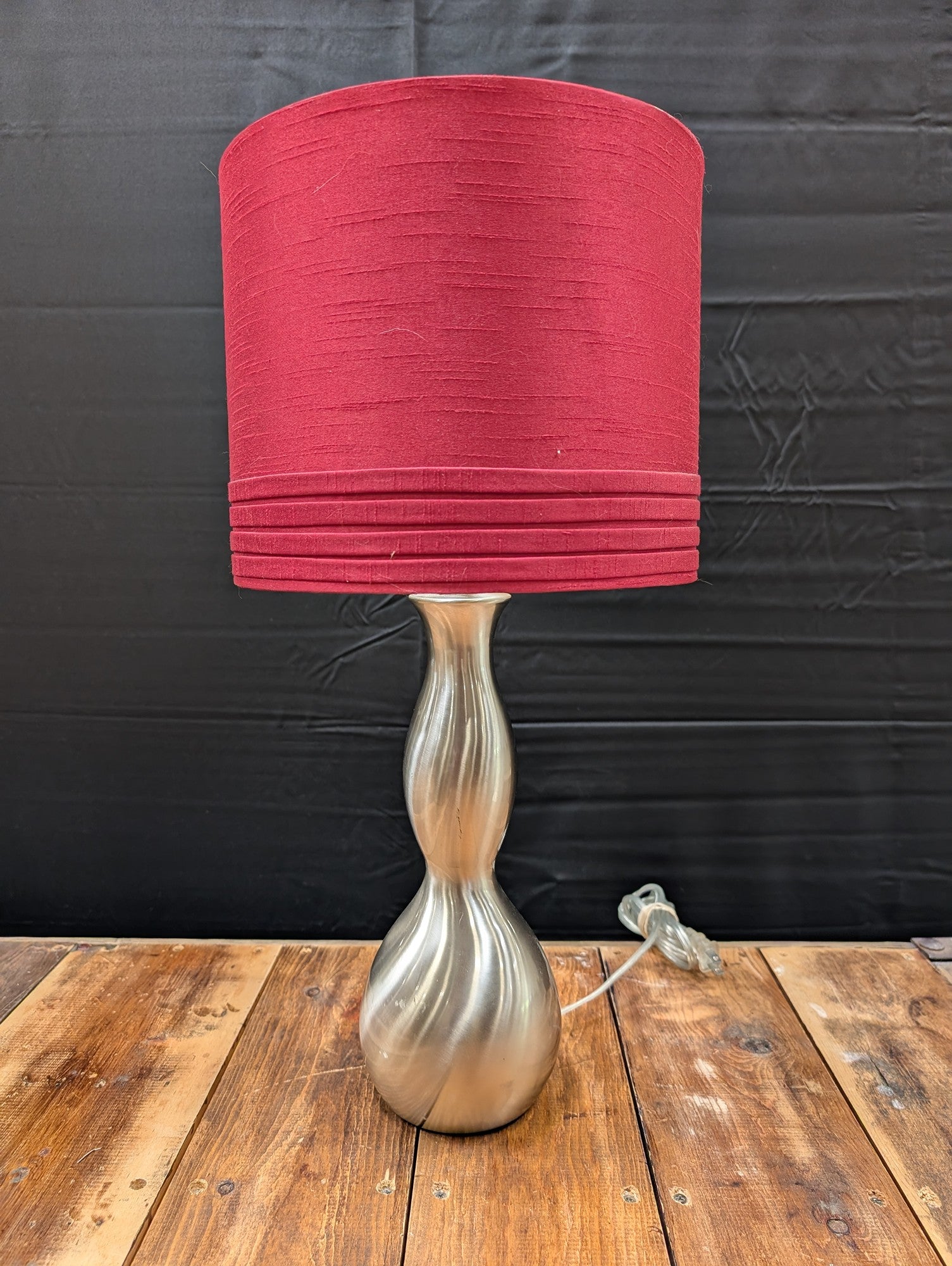 Contemporary Brushed Metal Table Lamp with Crimson Fabric Shade