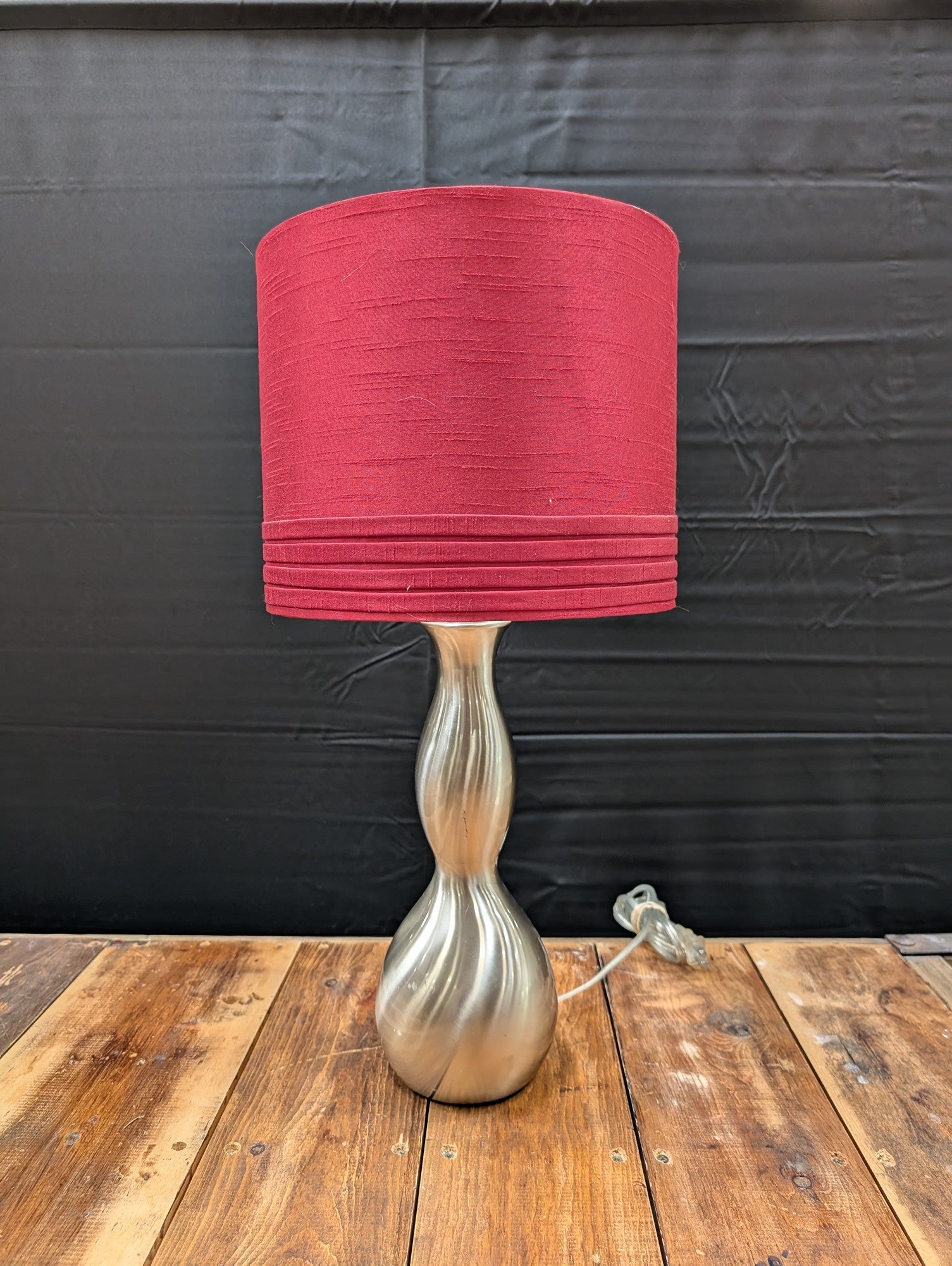 Contemporary Brushed Metal Table Lamp with Crimson Fabric Shade