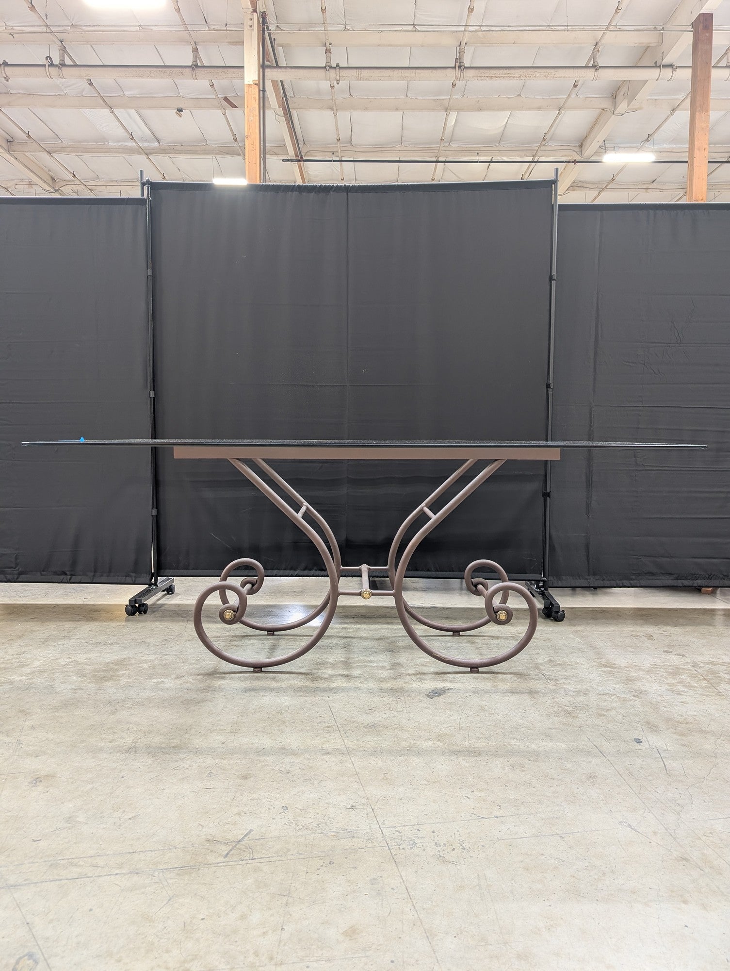 Grand Scrolled Metal Base Glass Top Dining Table