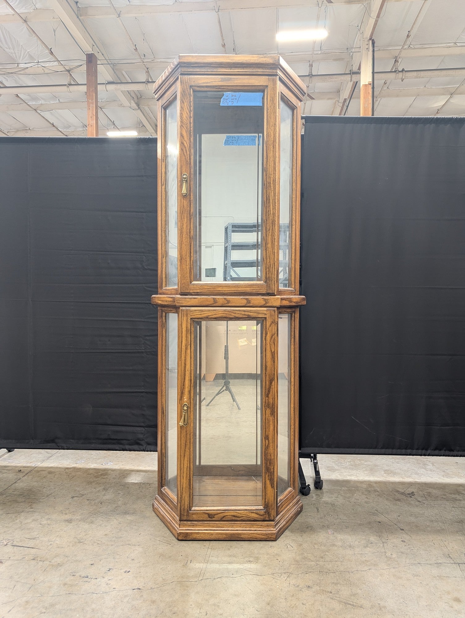 Tall Hexagonal Wood and Glass Curio Cabinet
