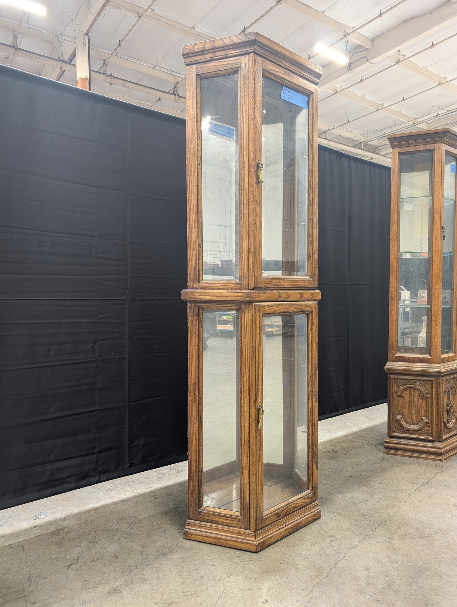 Tall Hexagonal Wood and Glass Curio Cabinet