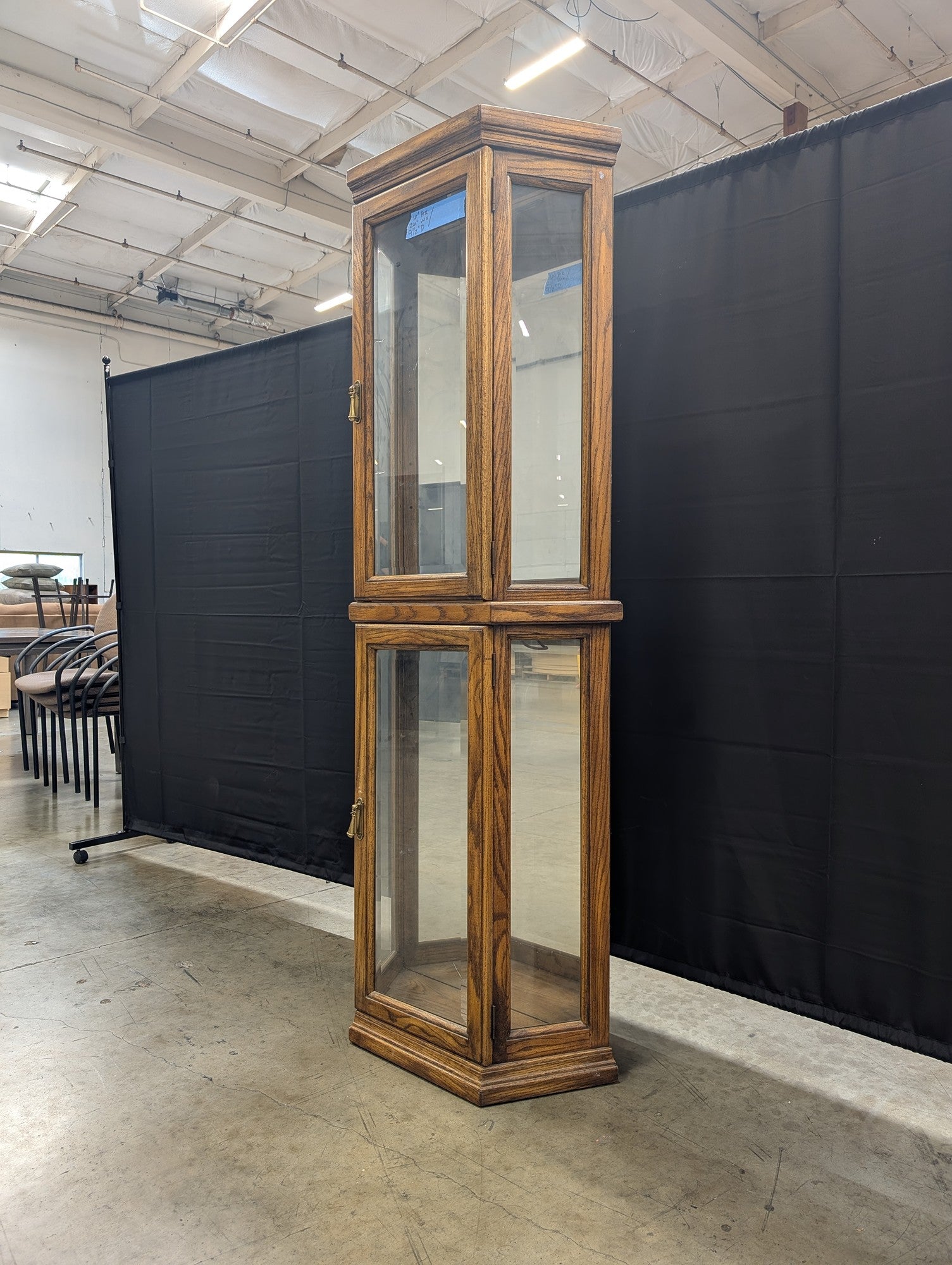 Tall Hexagonal Wood and Glass Curio Cabinet
