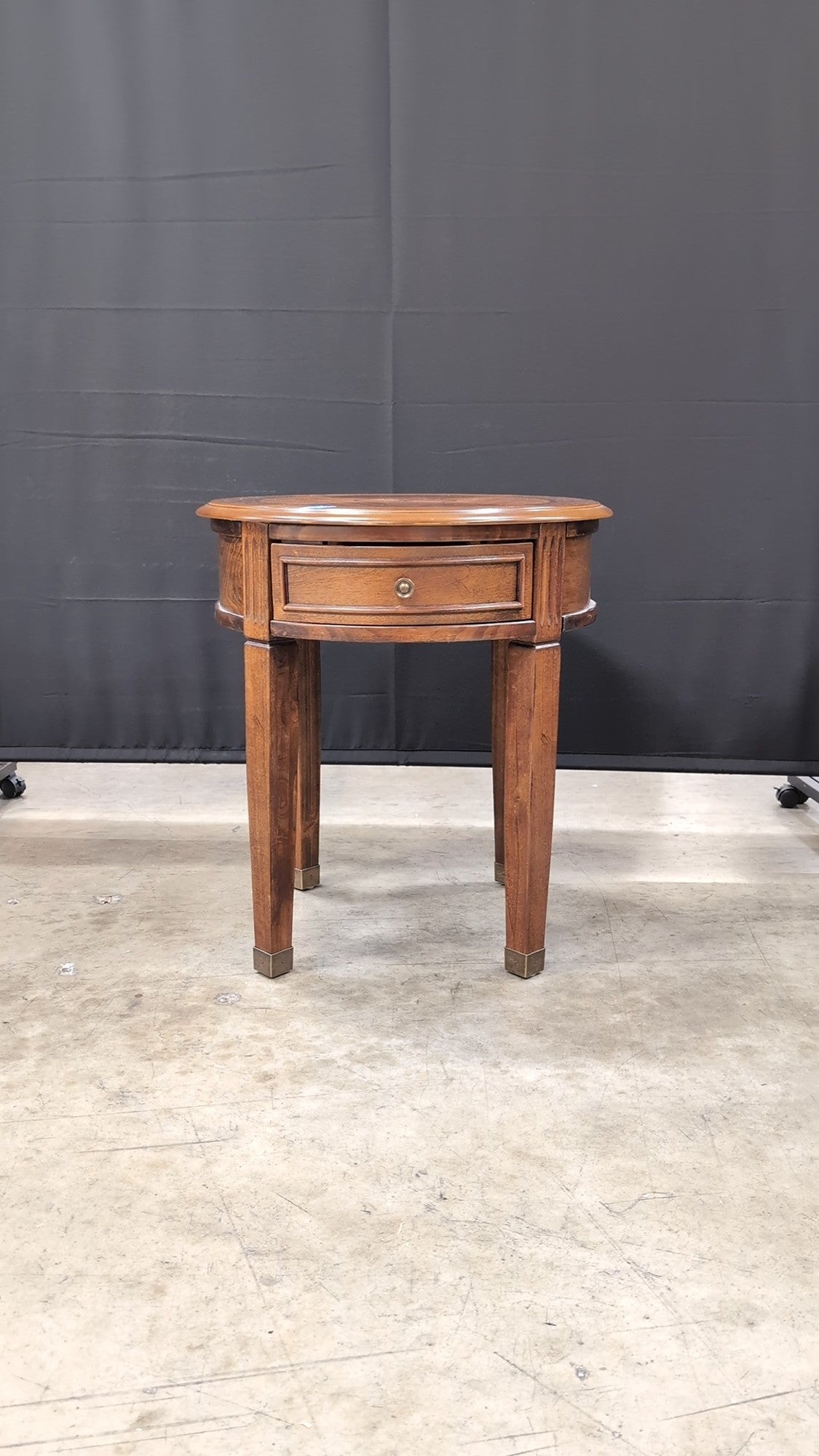 Round Hardwood Side Table with Drawer and Brass Ferrules