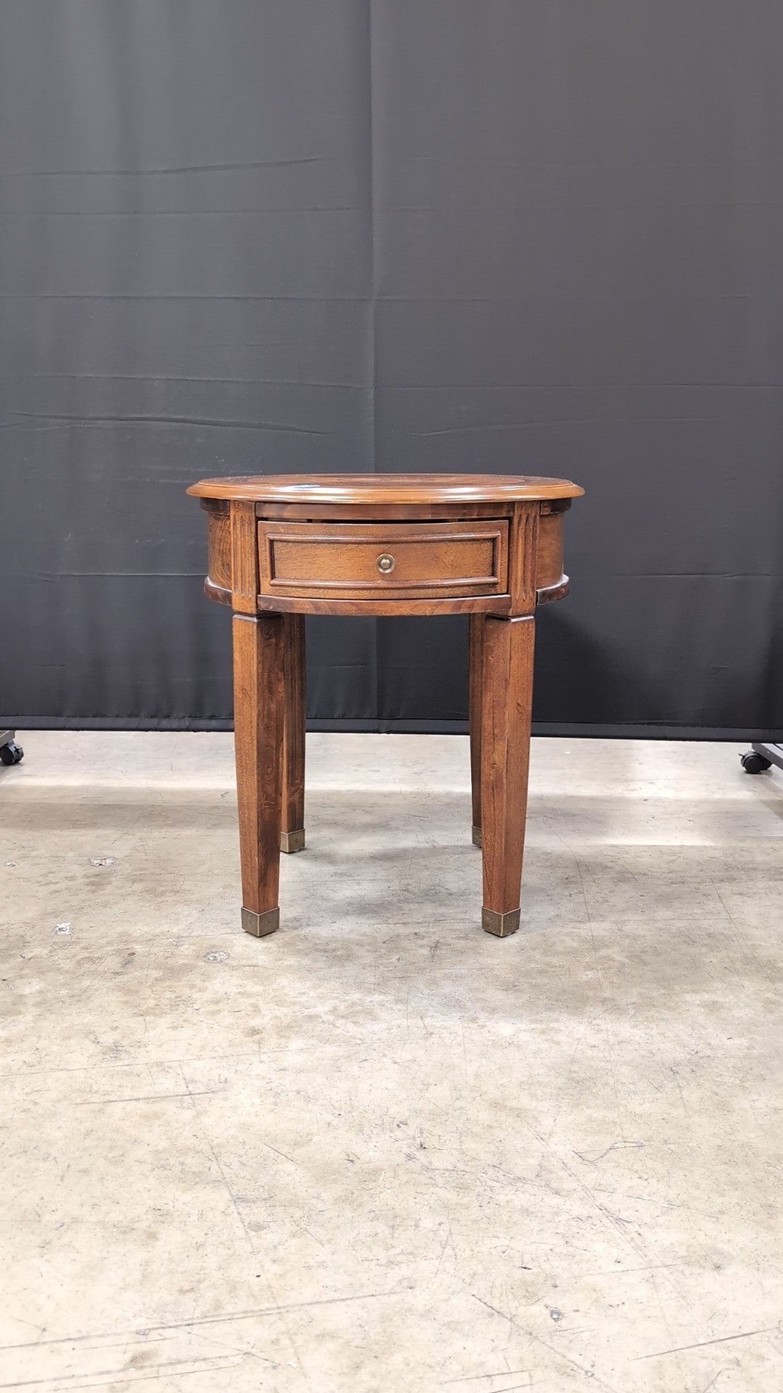Round Hardwood Side Table with Drawer and Brass Ferrules