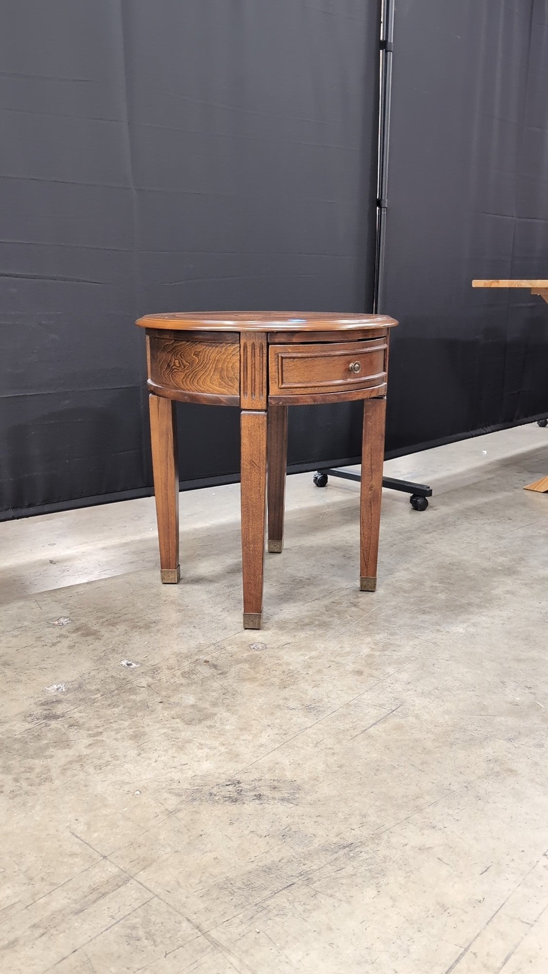 Round Hardwood Side Table with Drawer and Brass Ferrules