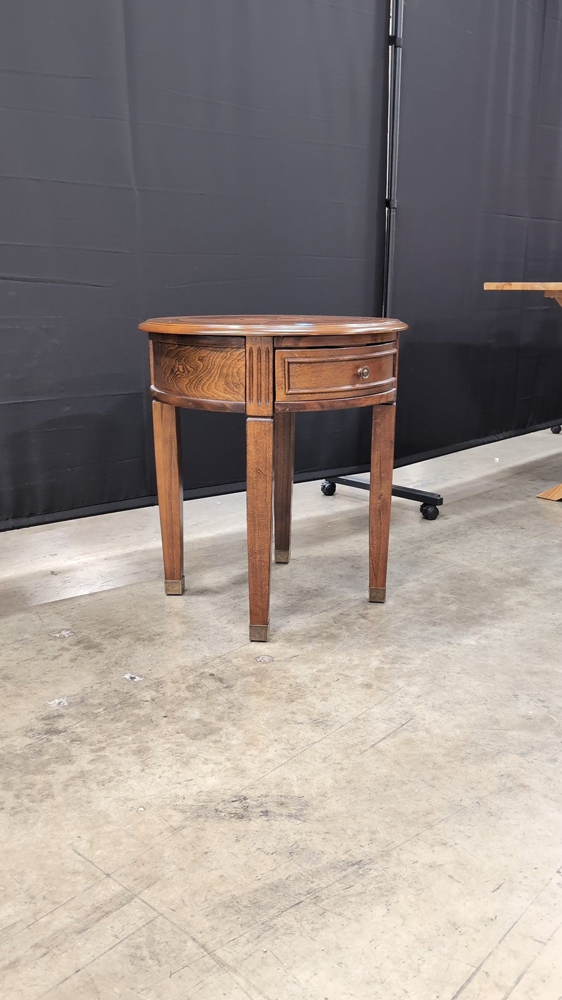 Round Hardwood Side Table with Drawer and Brass Ferrules