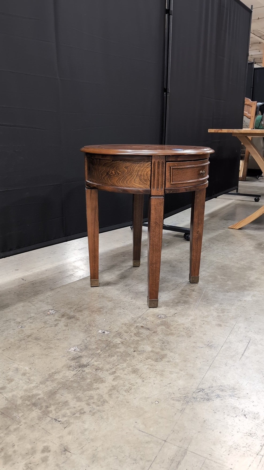 Round Hardwood Side Table with Drawer and Brass Ferrules