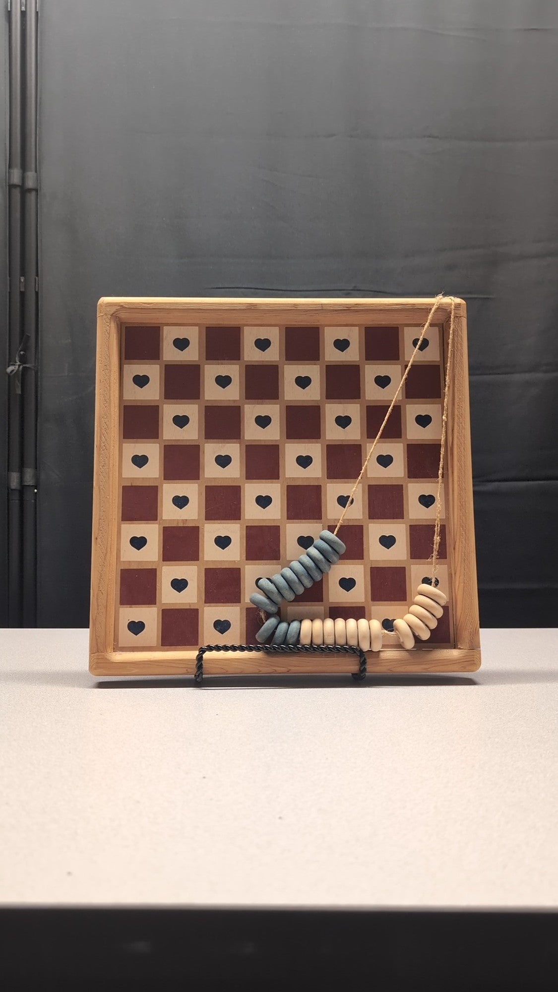 Rustic Wood Heart Pattern Strategy Game with Beaded Pieces