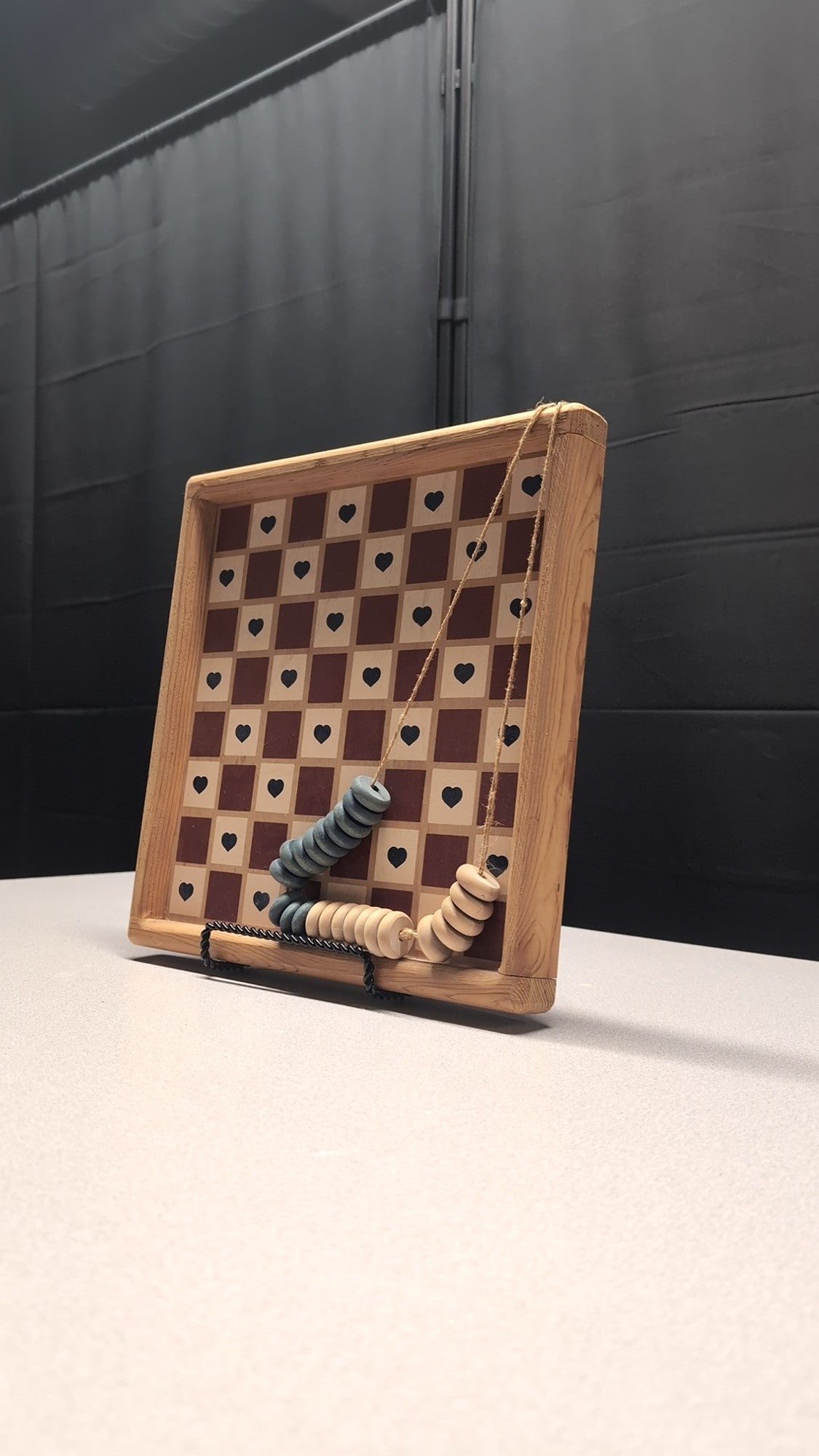 Rustic Wood Heart Pattern Strategy Game with Beaded Pieces