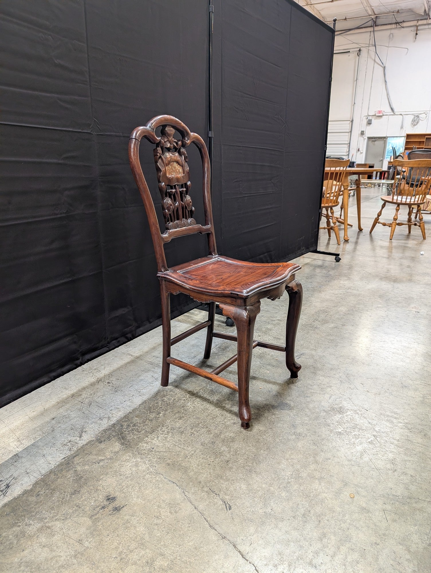 Ornate Carved Dark Wood Asian Style Side Chair