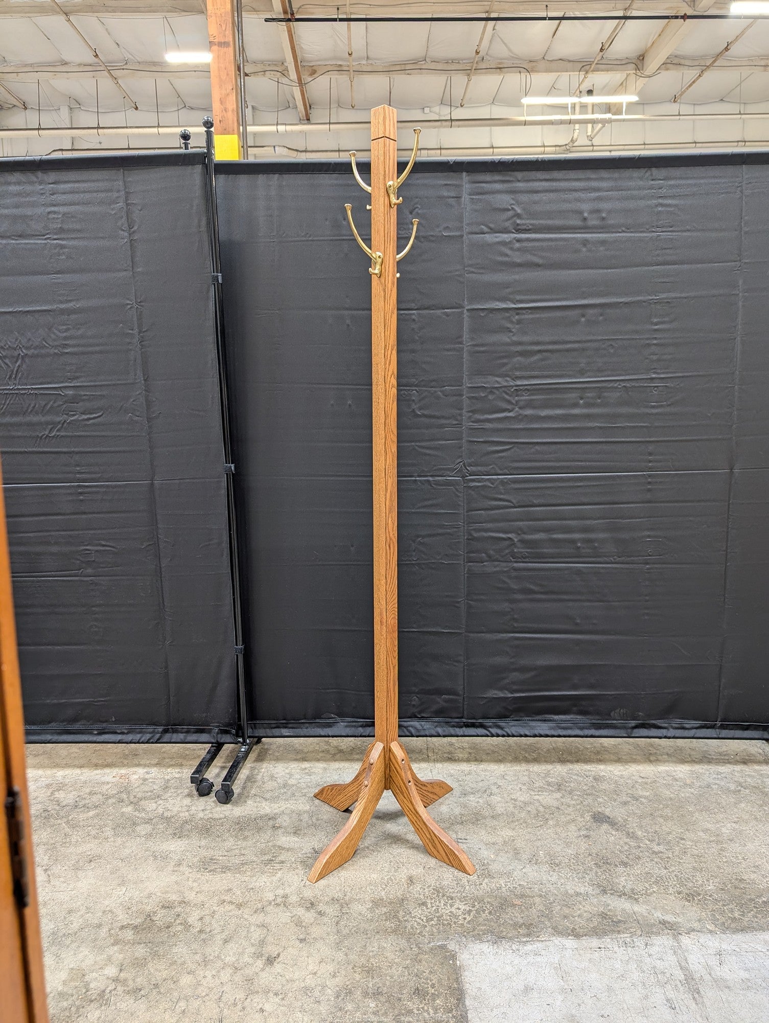 Sturdy Oak Wood Pedestal Coat Rack with Brass-Tone Hooks