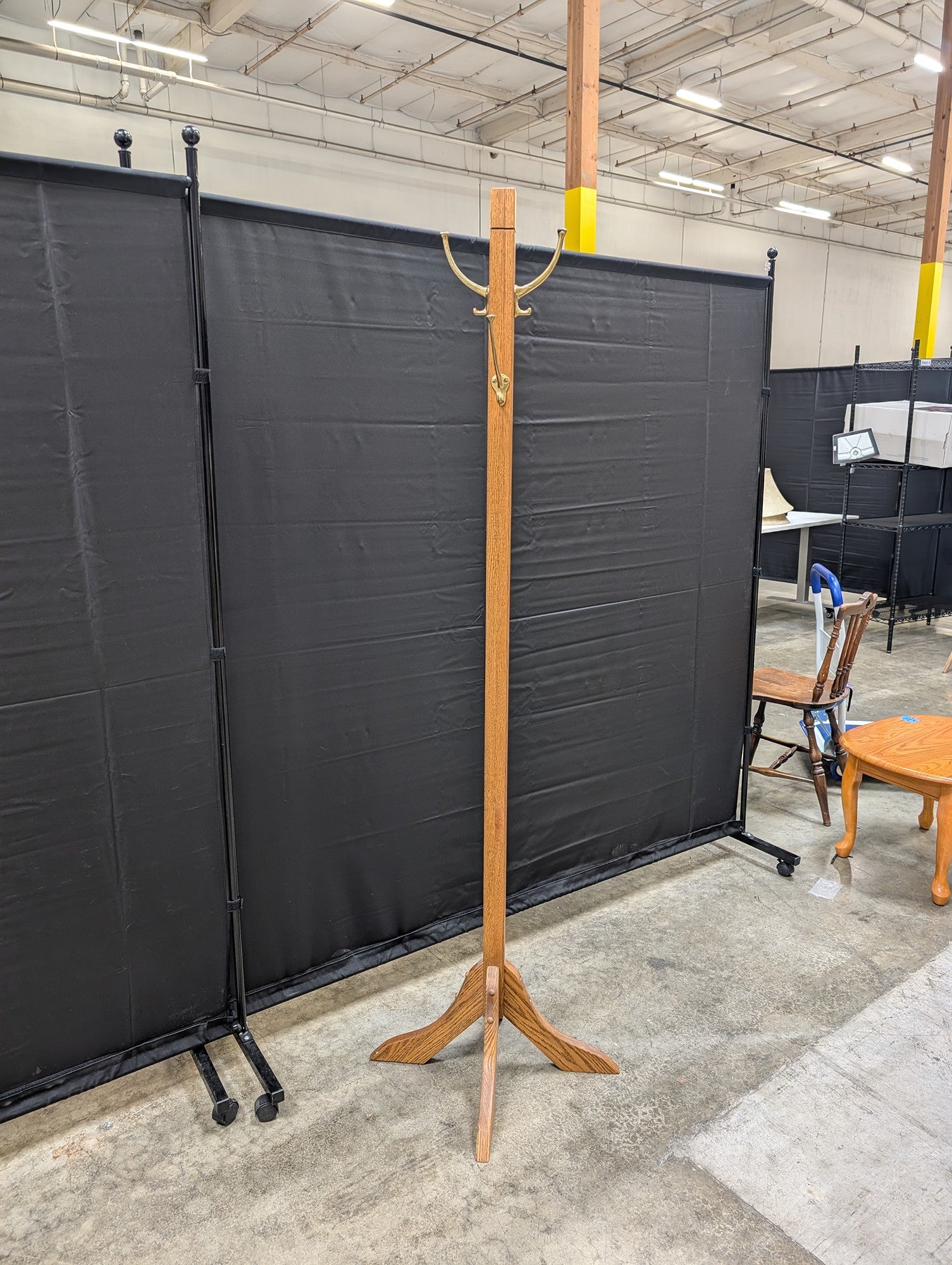 Sturdy Oak Wood Pedestal Coat Rack with Brass-Tone Hooks