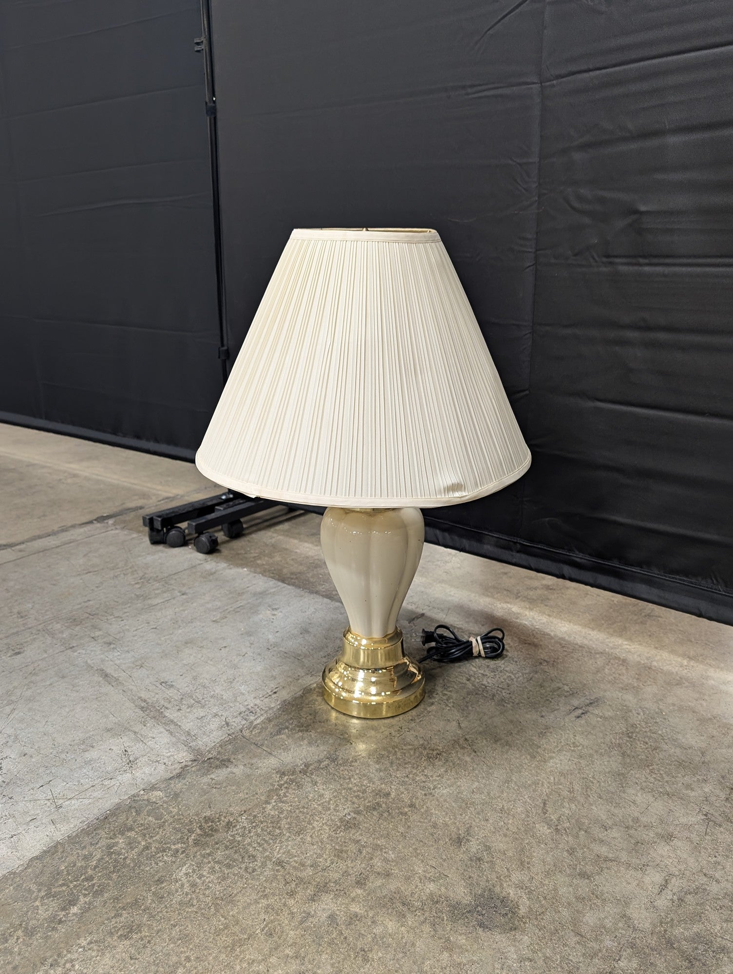Cream Fluted Table Lamp with Pleated Fabric Shade and Brass Tone Base