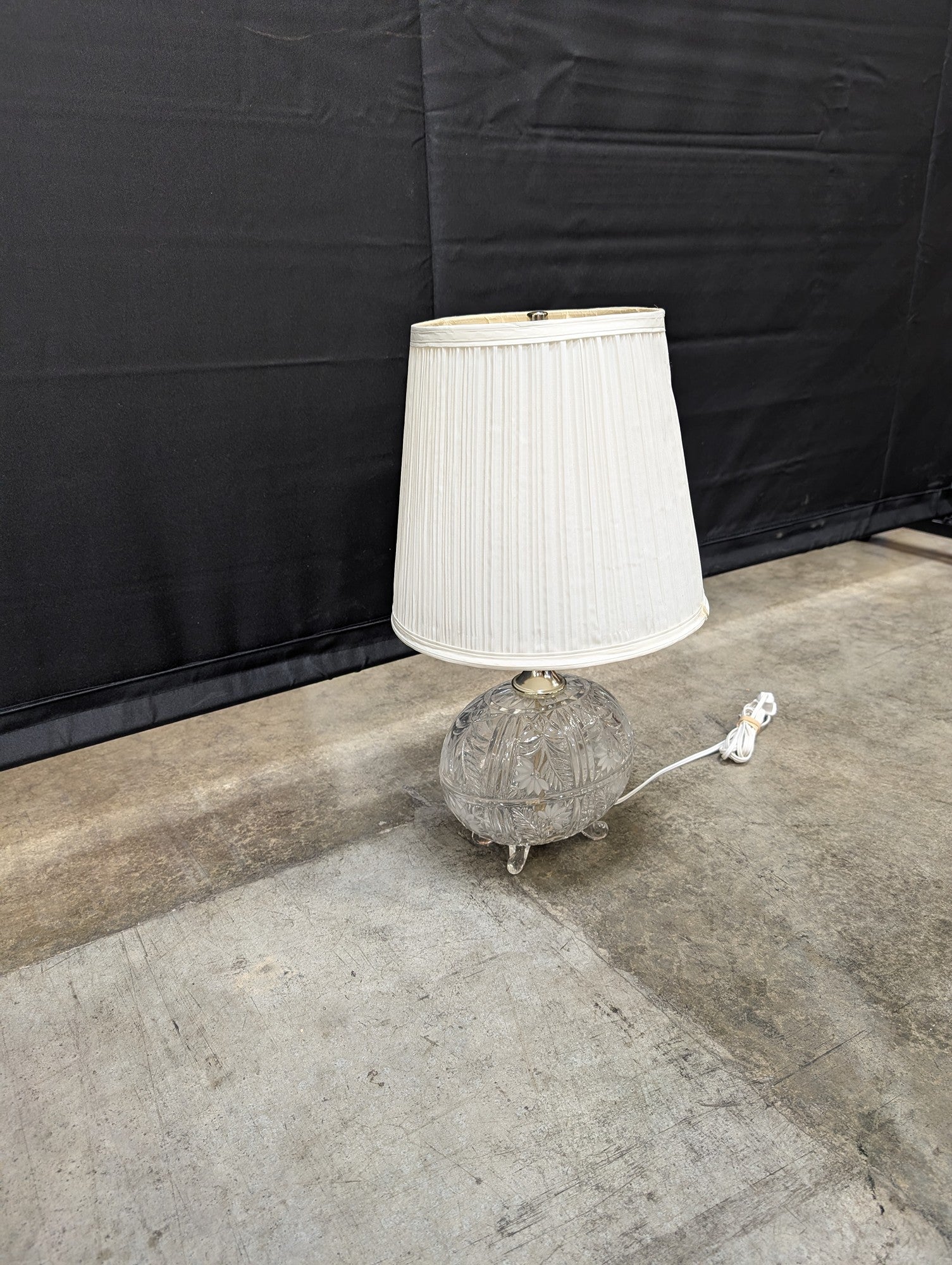 Vintage Cut Glass Table Lamp with Pleated Fabric Shade