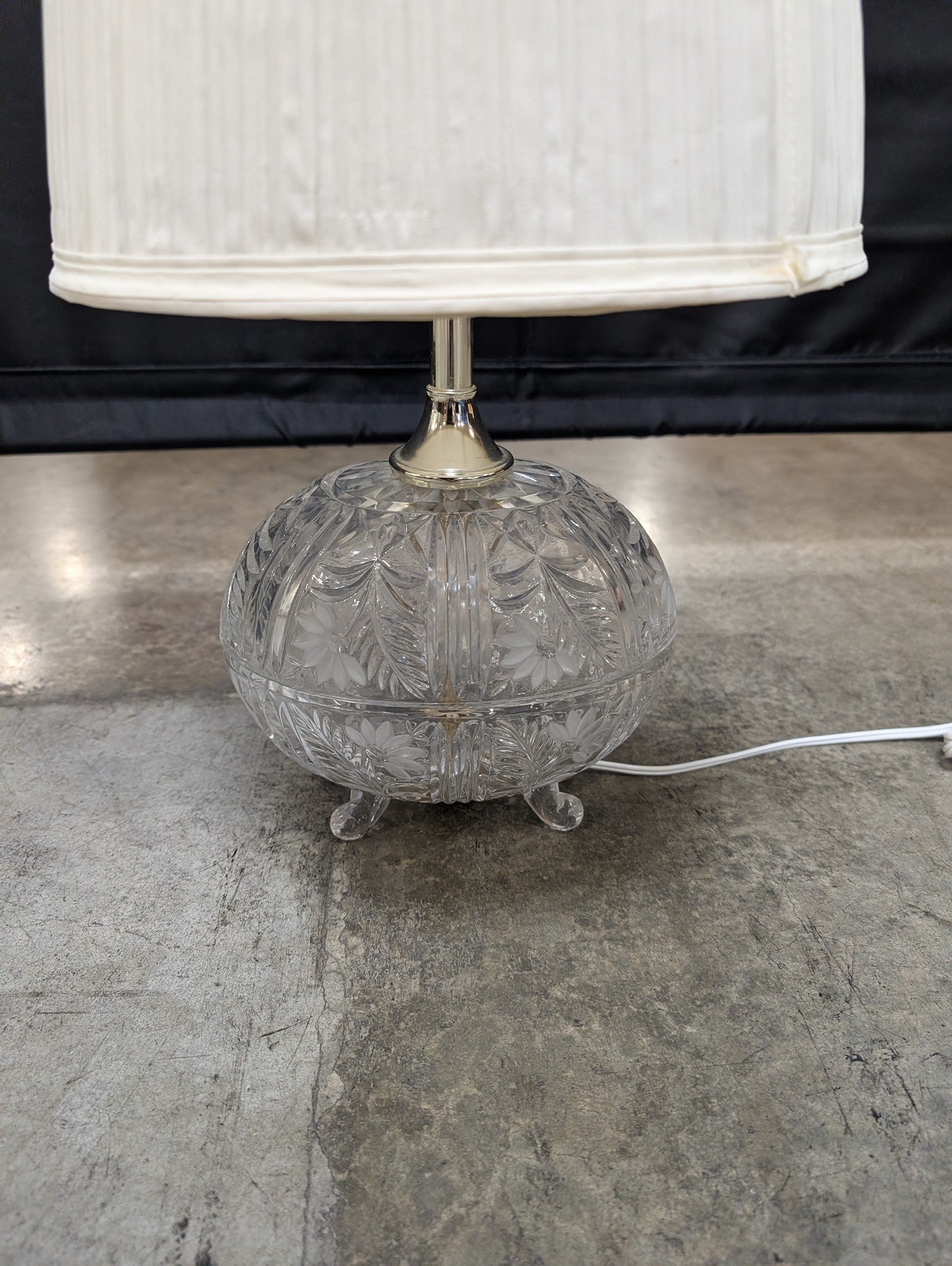 Vintage Cut Glass Table Lamp with Pleated Fabric Shade