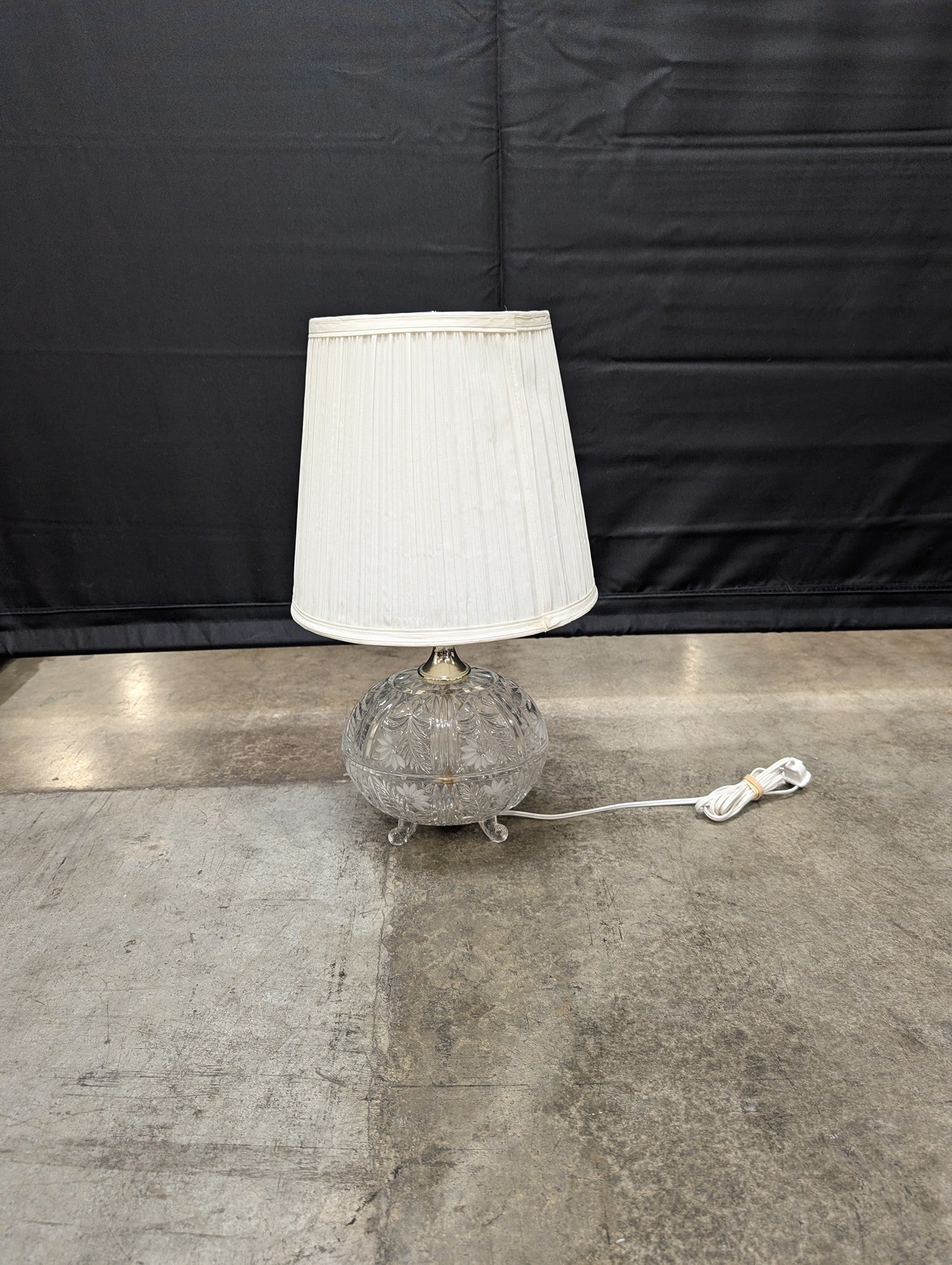 Vintage Cut Glass Table Lamp with Pleated Fabric Shade