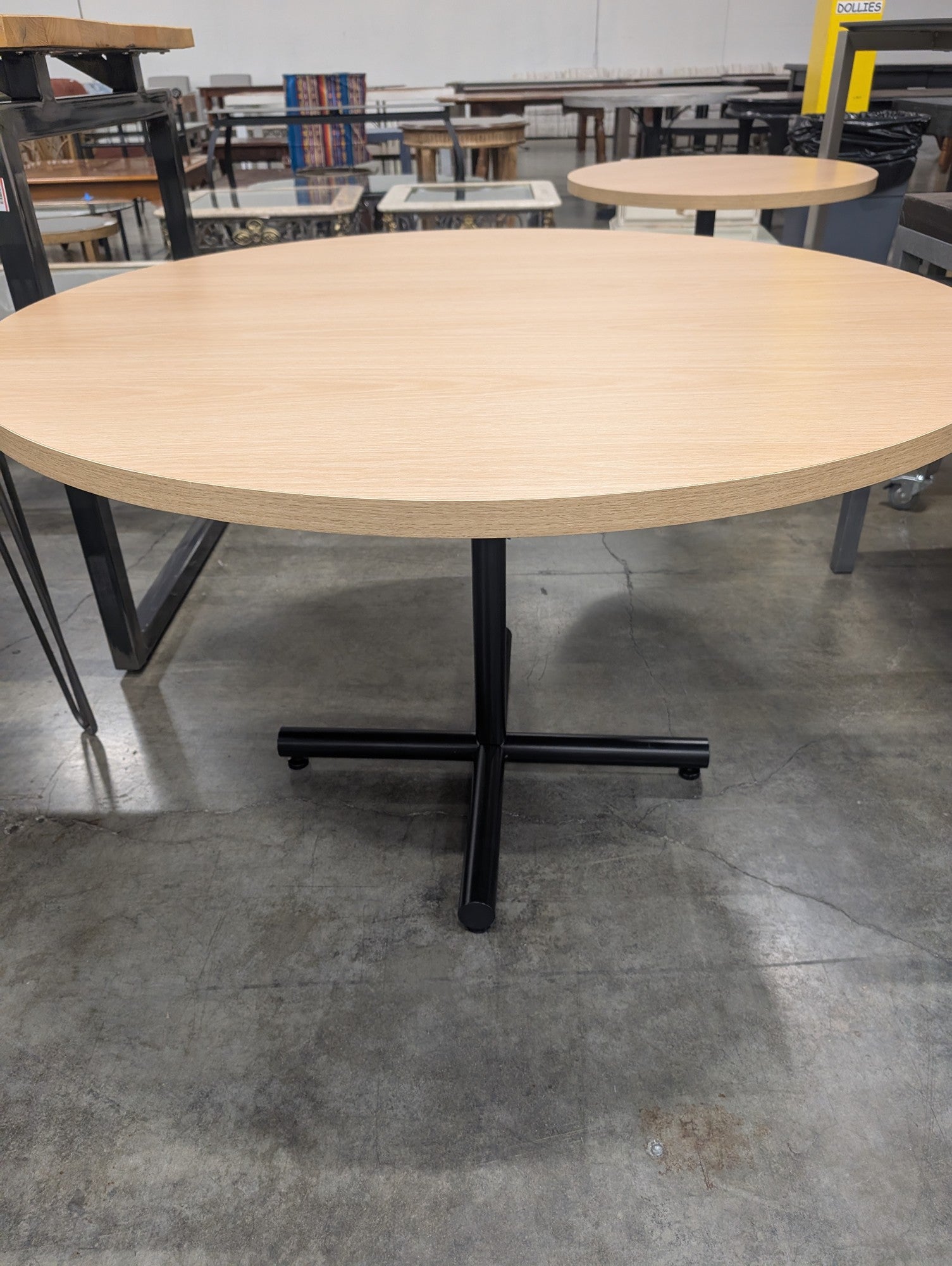48-inch Round Blonde Wood Look Table with Black Metal Pedestal Base