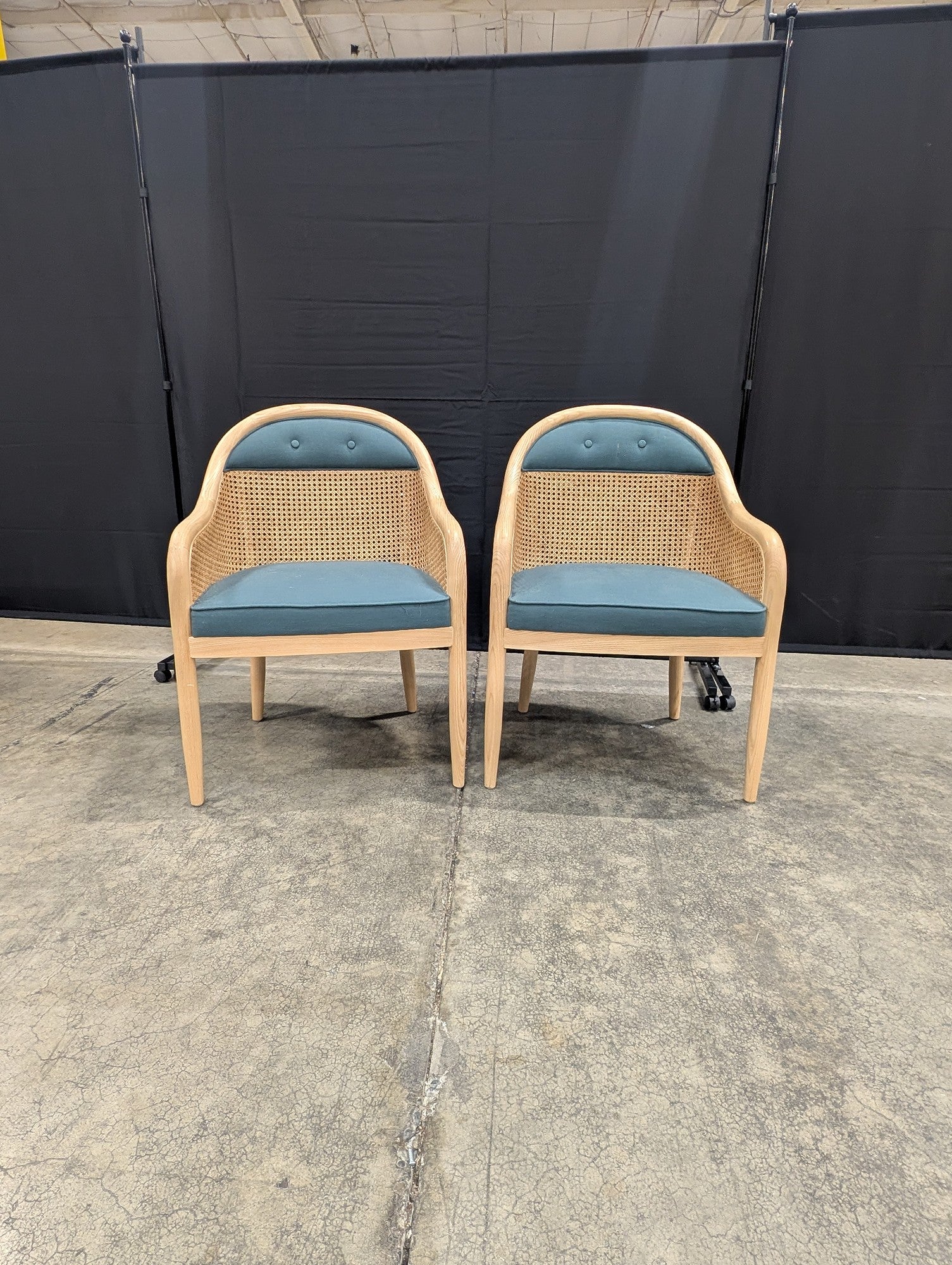 Urban Inc. Modern Cane and Wood Accent Chairs with Blue Upholstery - Pair