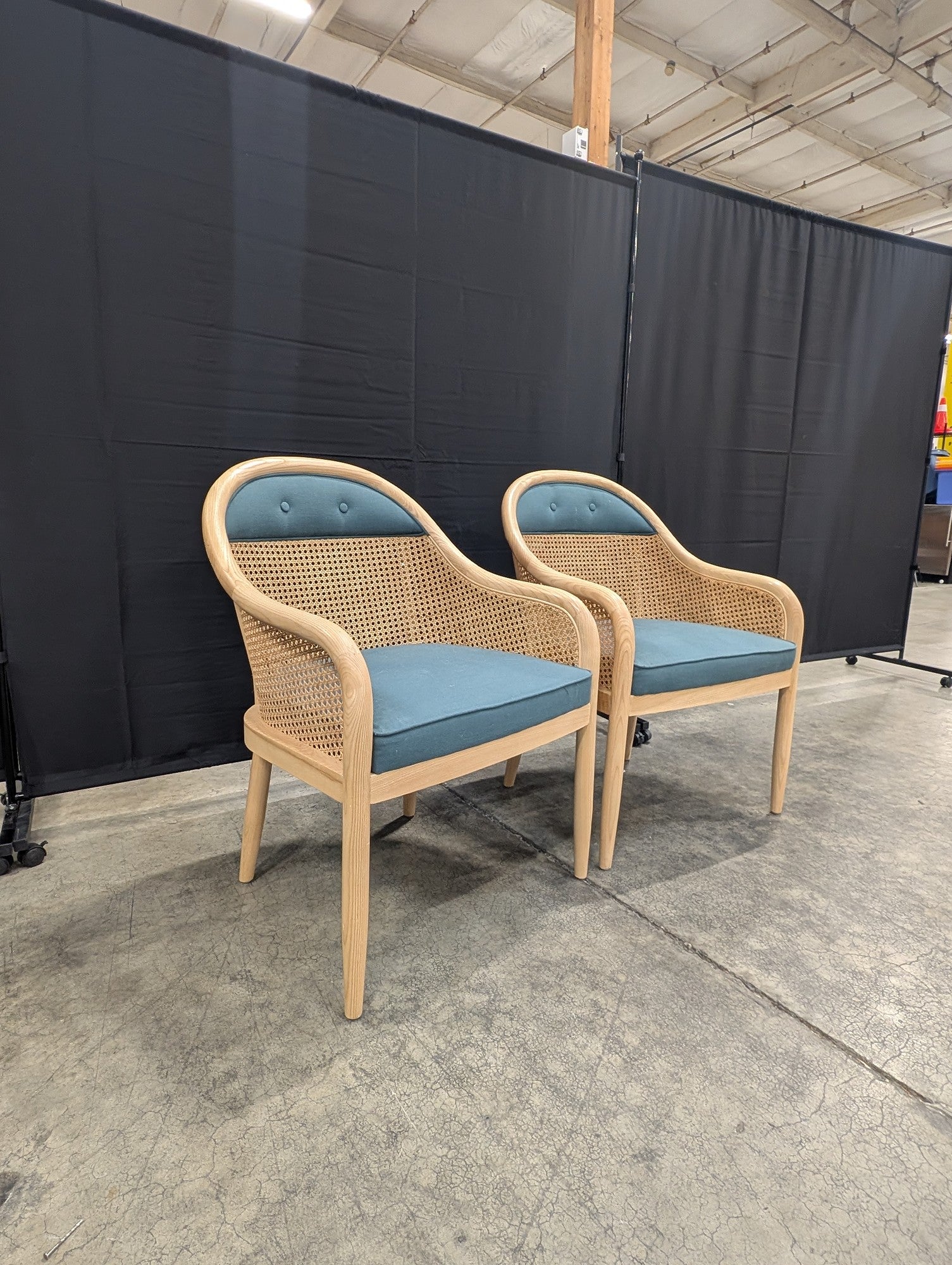 Urban Inc. Modern Cane and Wood Accent Chairs with Blue Upholstery - Pair