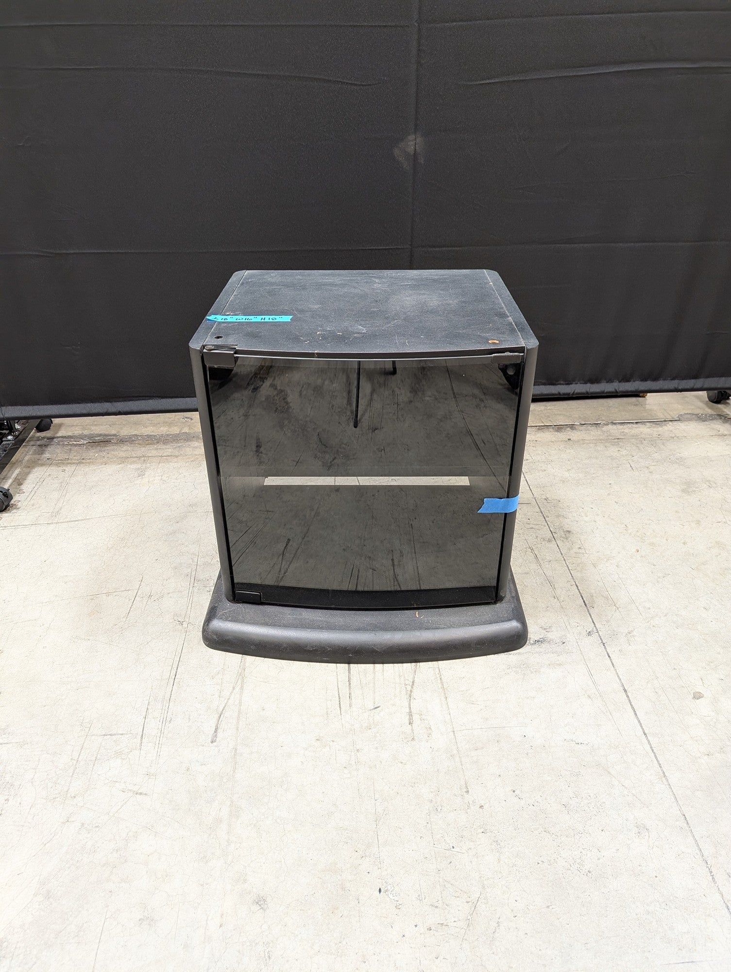 RCA Compact Black TV Stand with Glass Door and Shelves