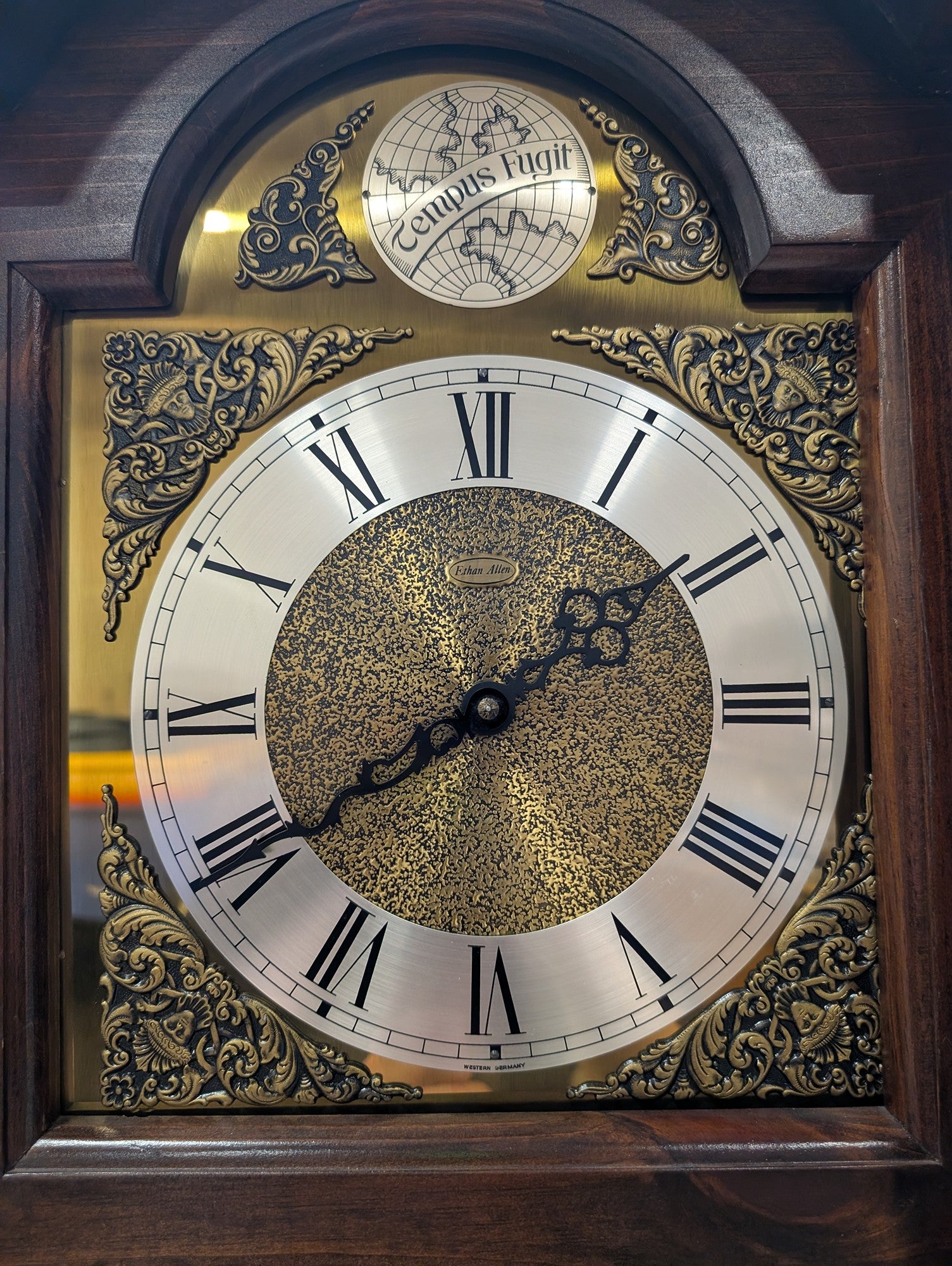 Ethan Allen Classic Dark Wood Grandfather Clock with Tempus Fugit Dial